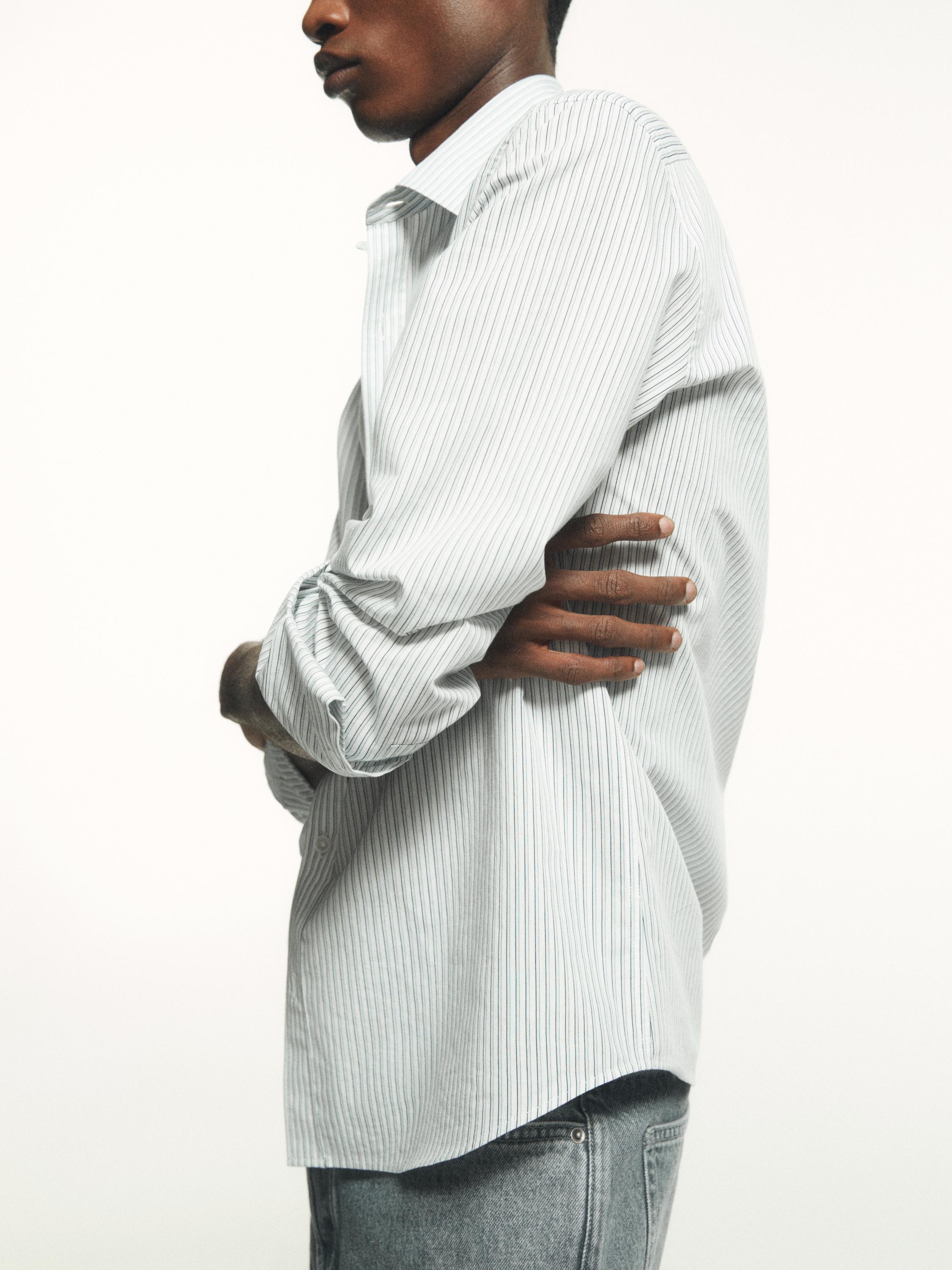 Cotton blend regular fit striped shirt — BLUE