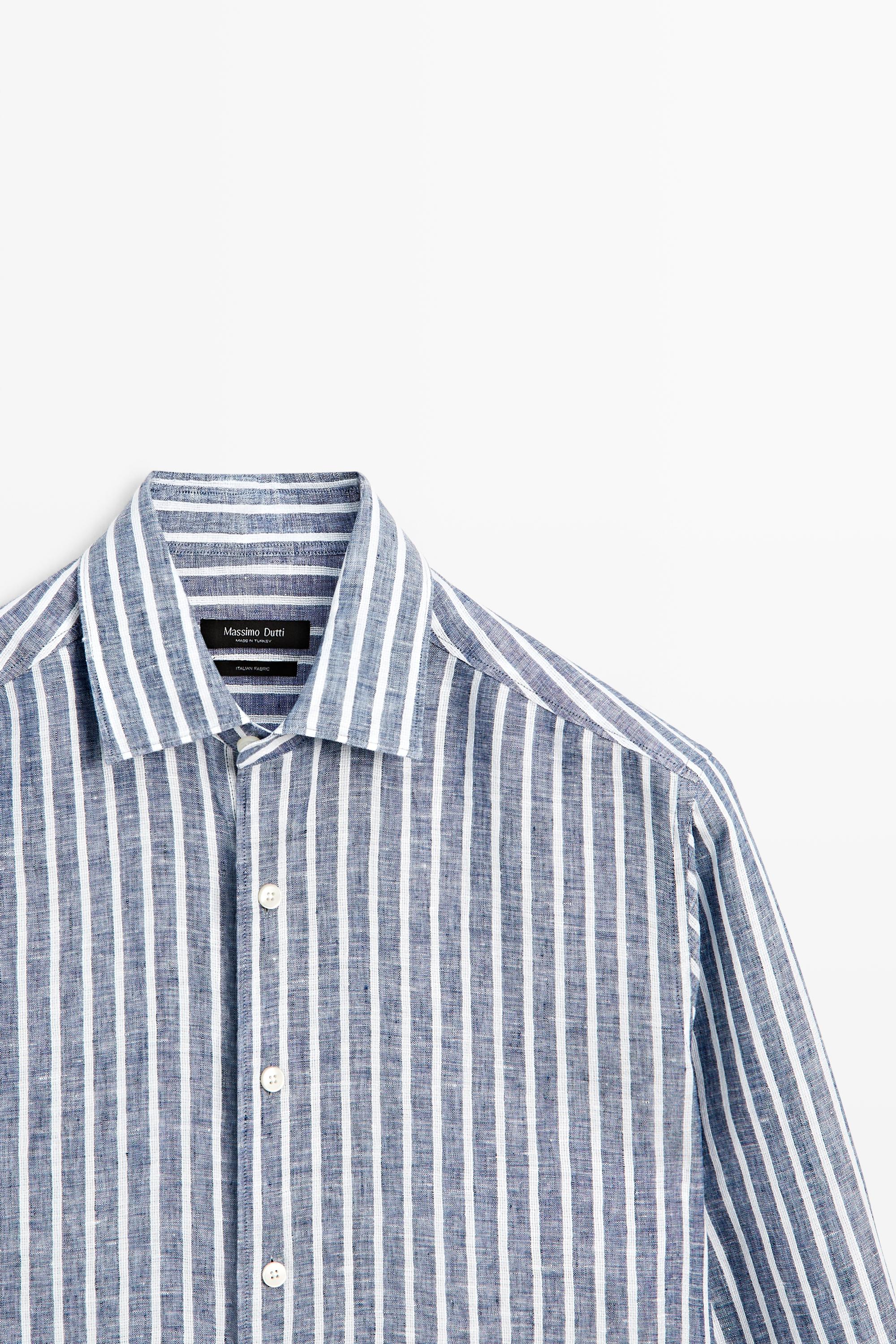 Regular fit striped 100% linen shirt — BLUE