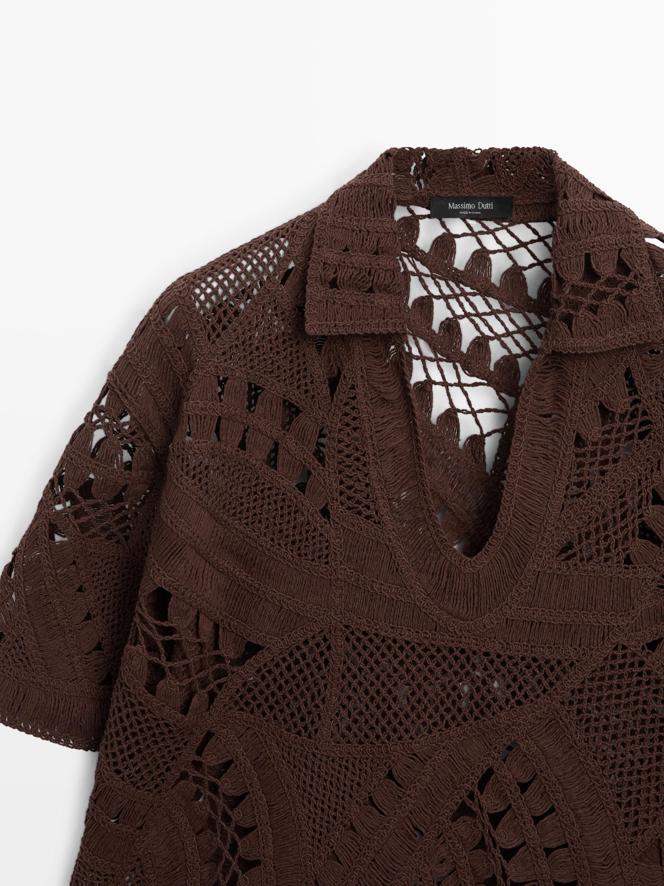 Cotton blend crochet polo T-shirt — BROWN