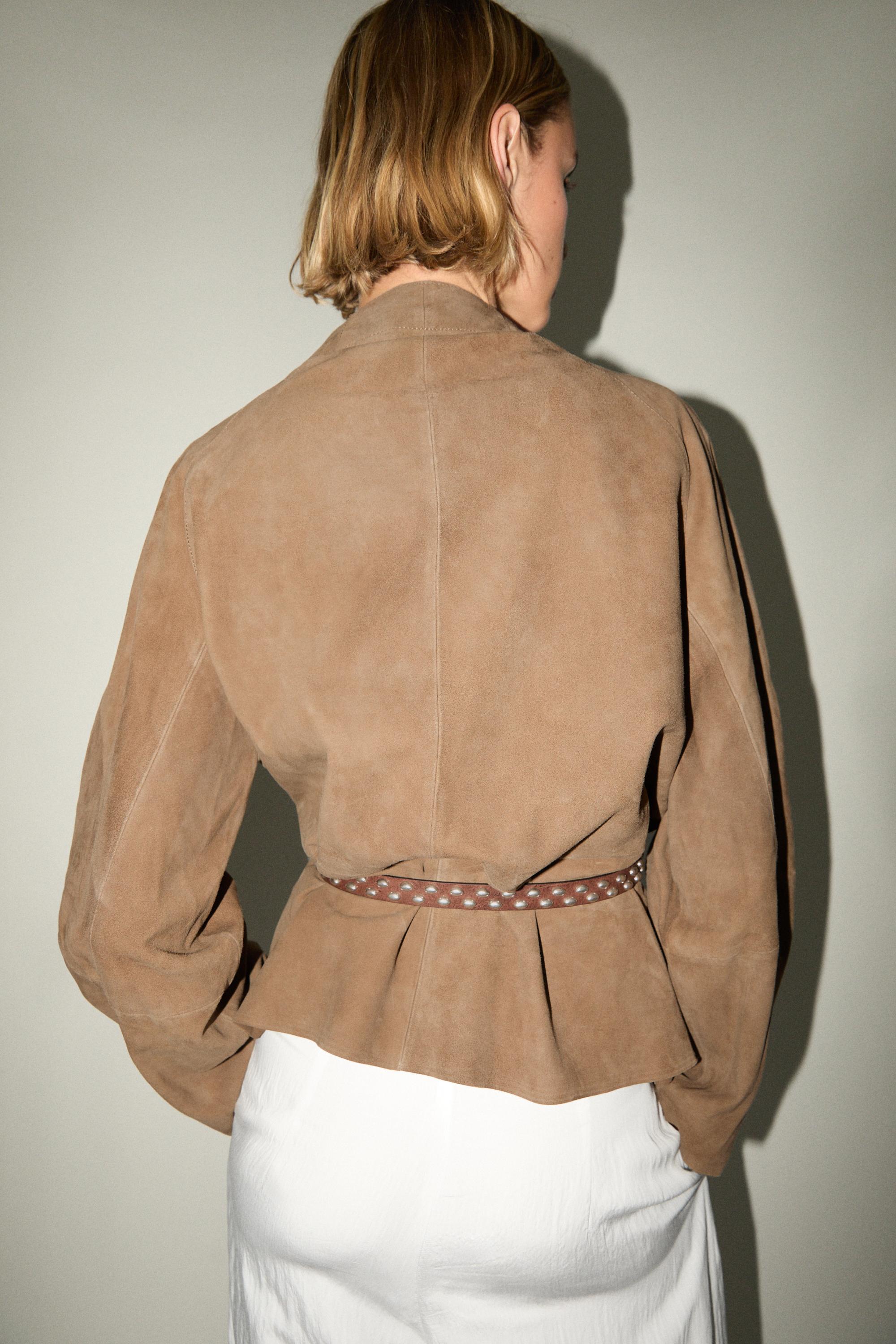 Suede leather jacket with drawstring — SAND