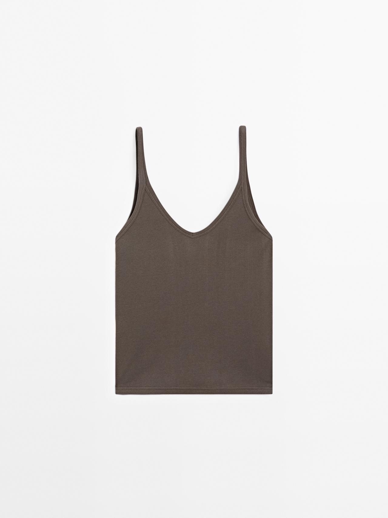 Massimo Dutti - Dame - Rib Knit V-Neck Top - Brun - M