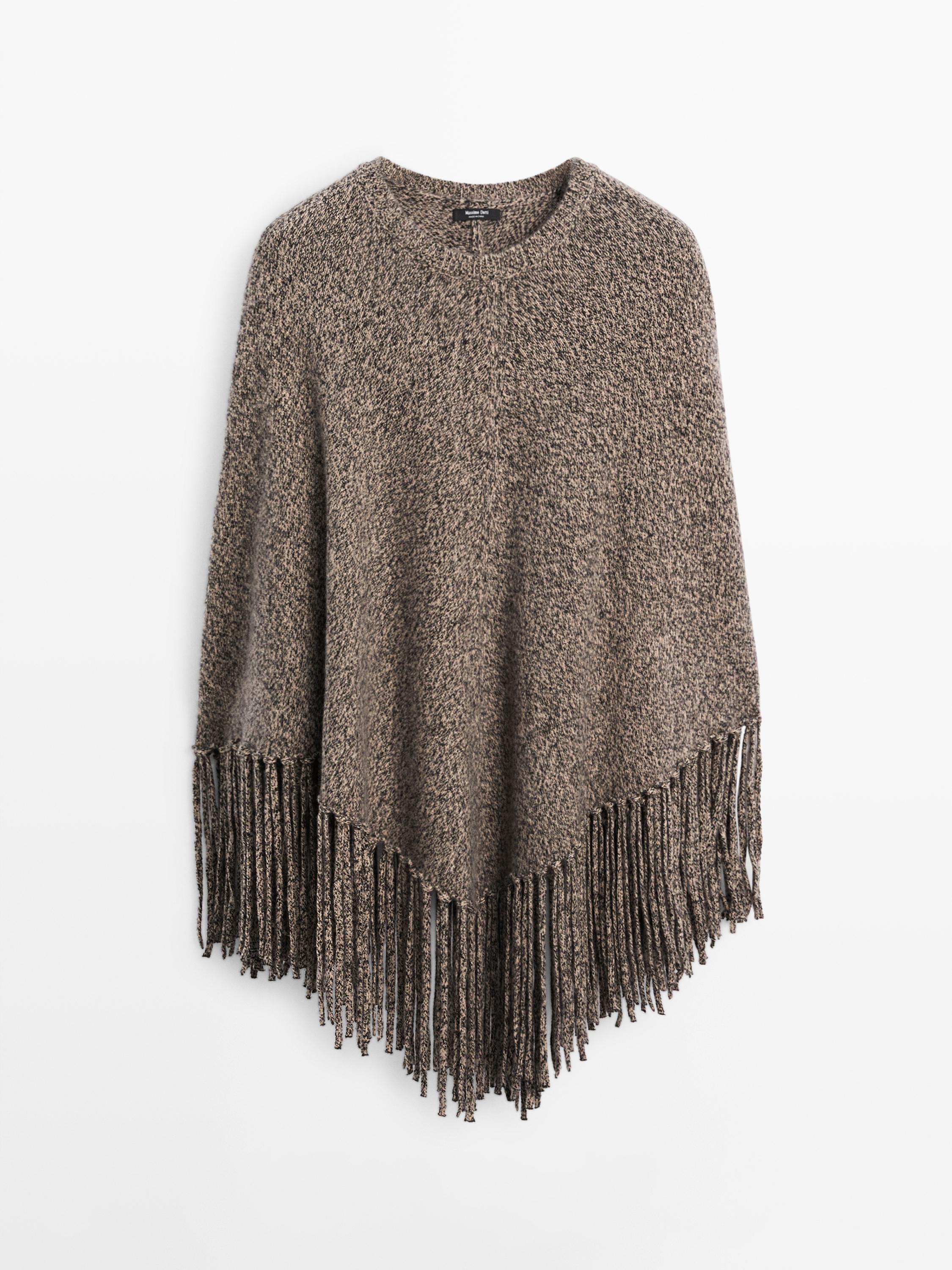 Wool blend mouliné knit cape with fringing