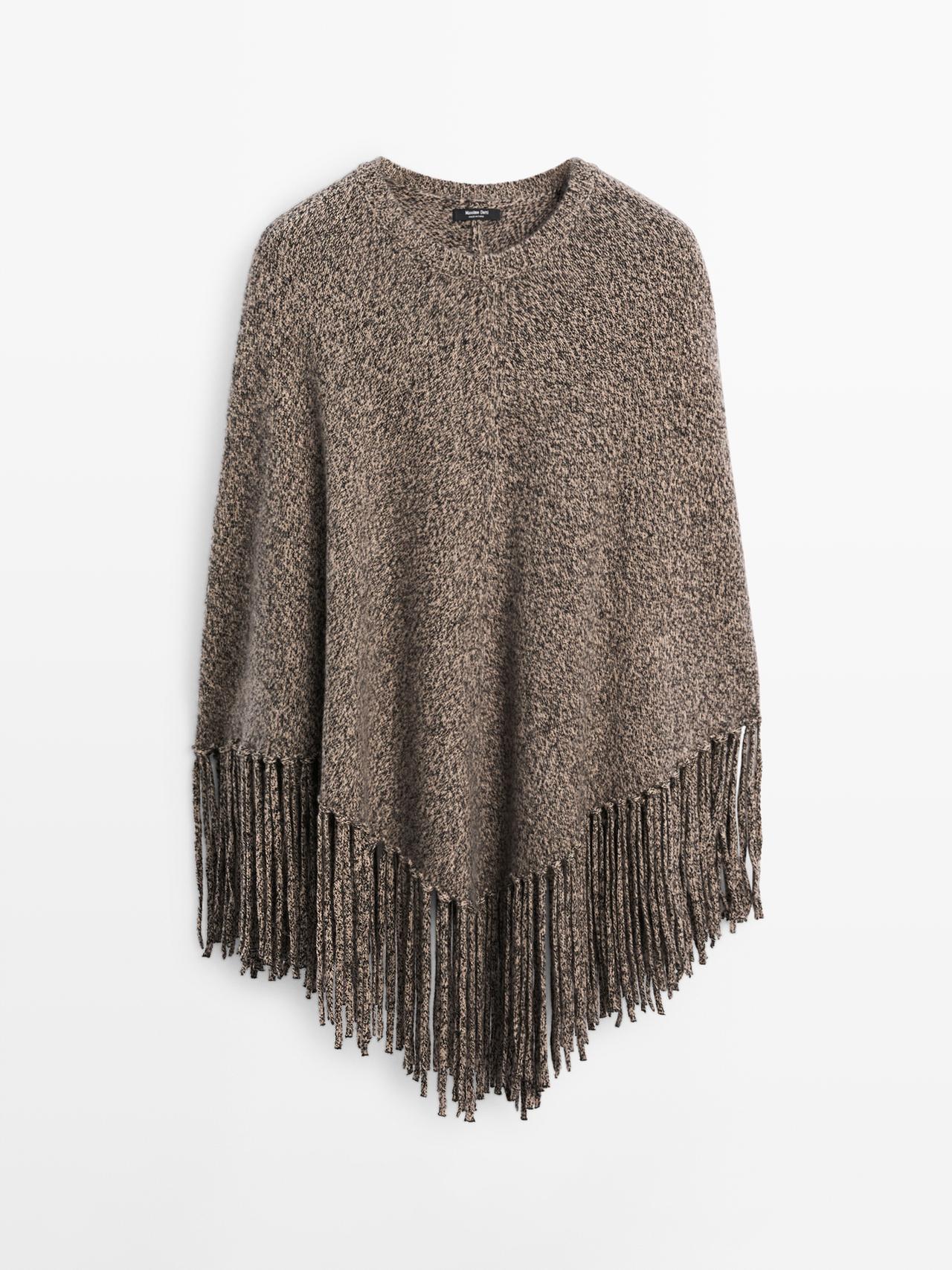 Massimo Dutti - Dames - Mouliné Tricot Cape Van Wolmix Met Kwastjes - Vigoré Bruin - M
