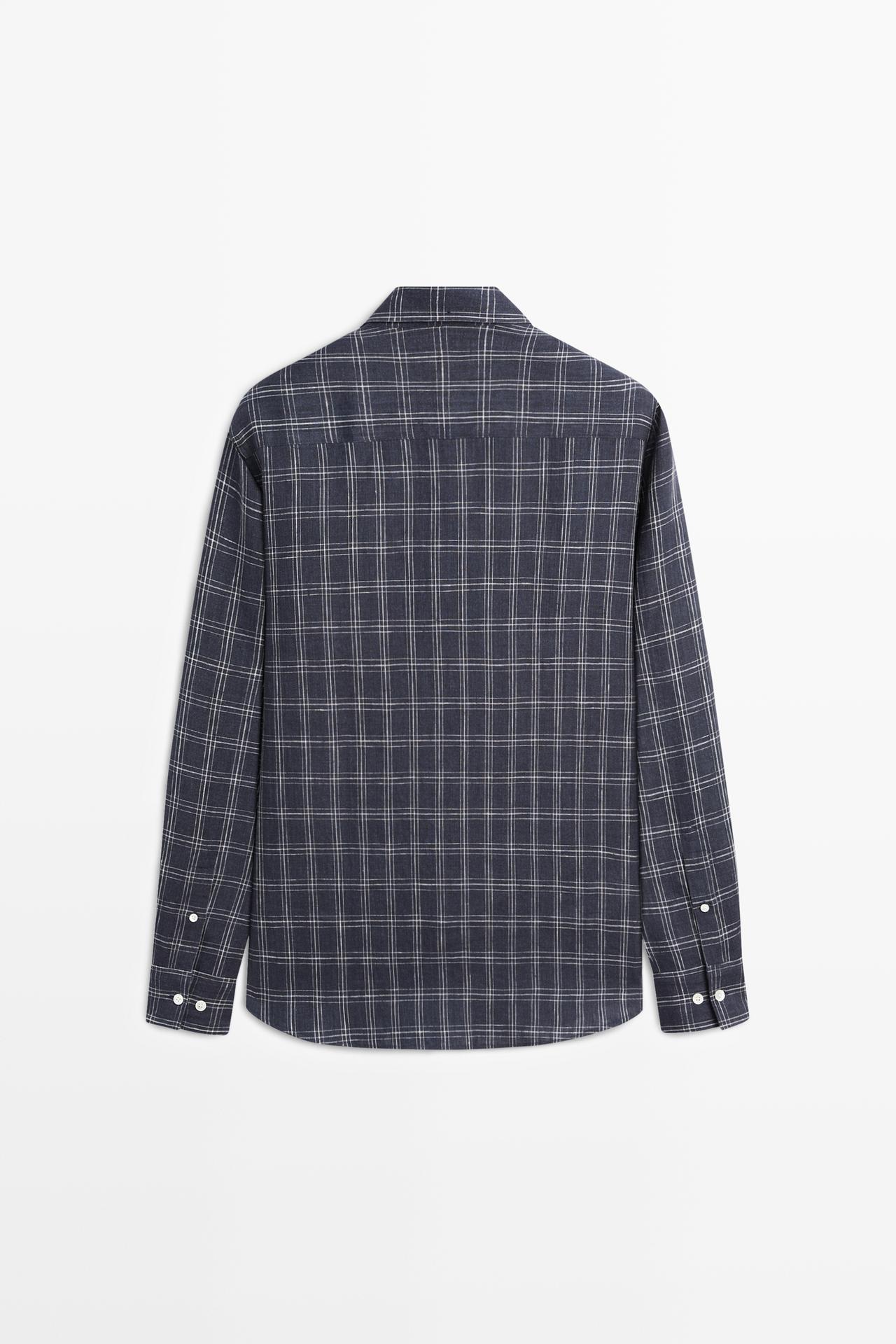 100% linen regular fit check shirt — DARK BLUE