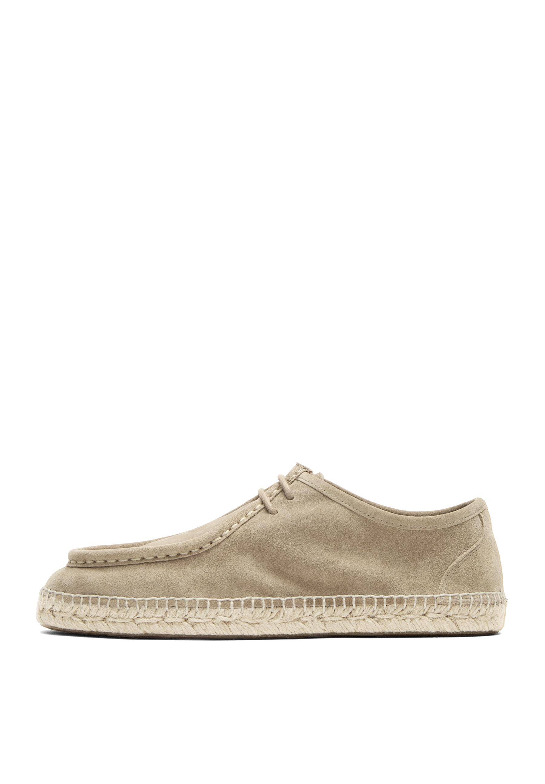 Split leather shoes with moc toe and jute sole — SAND
