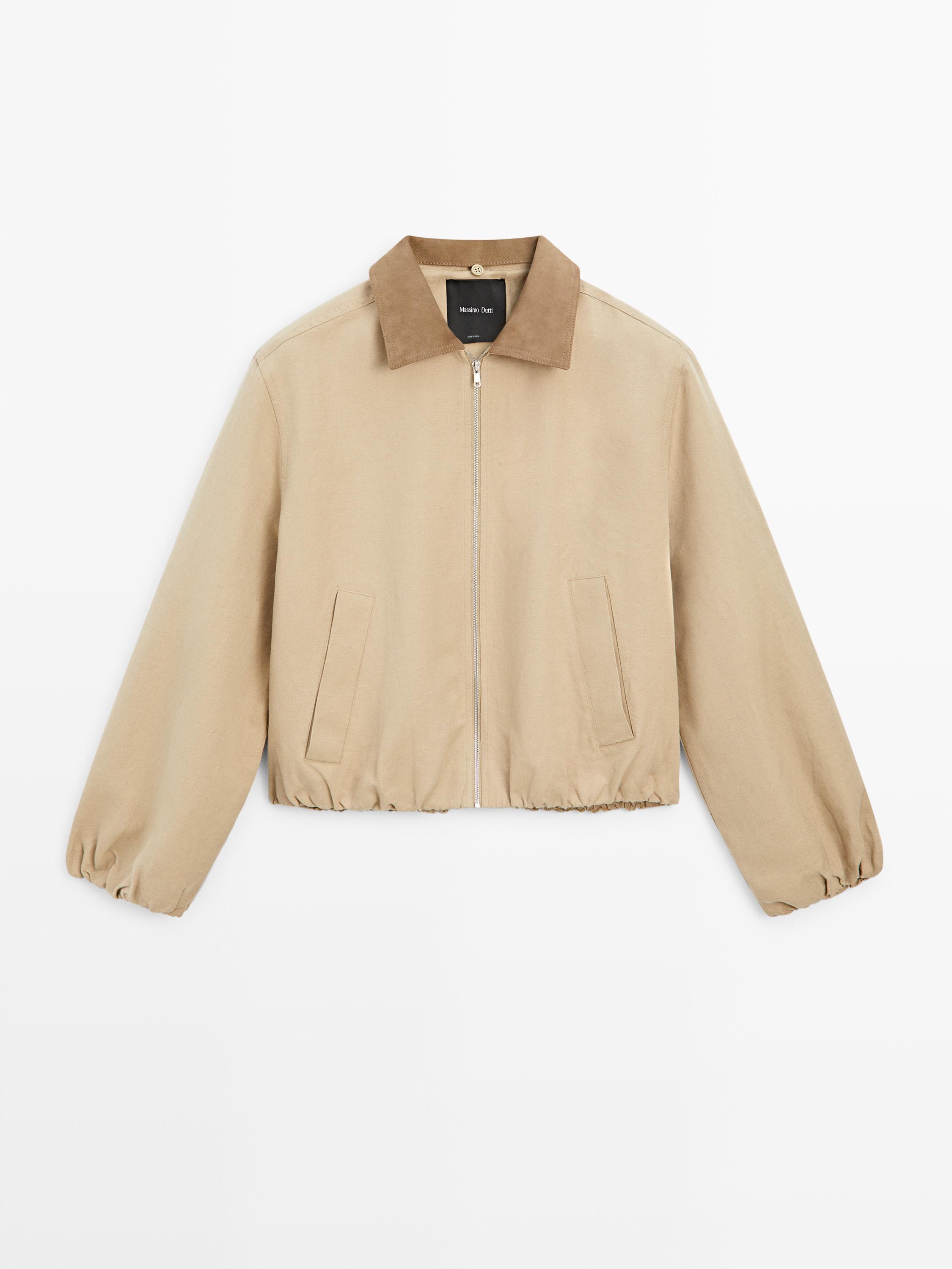 Jaket pendek kulit suede dengan detail kerah