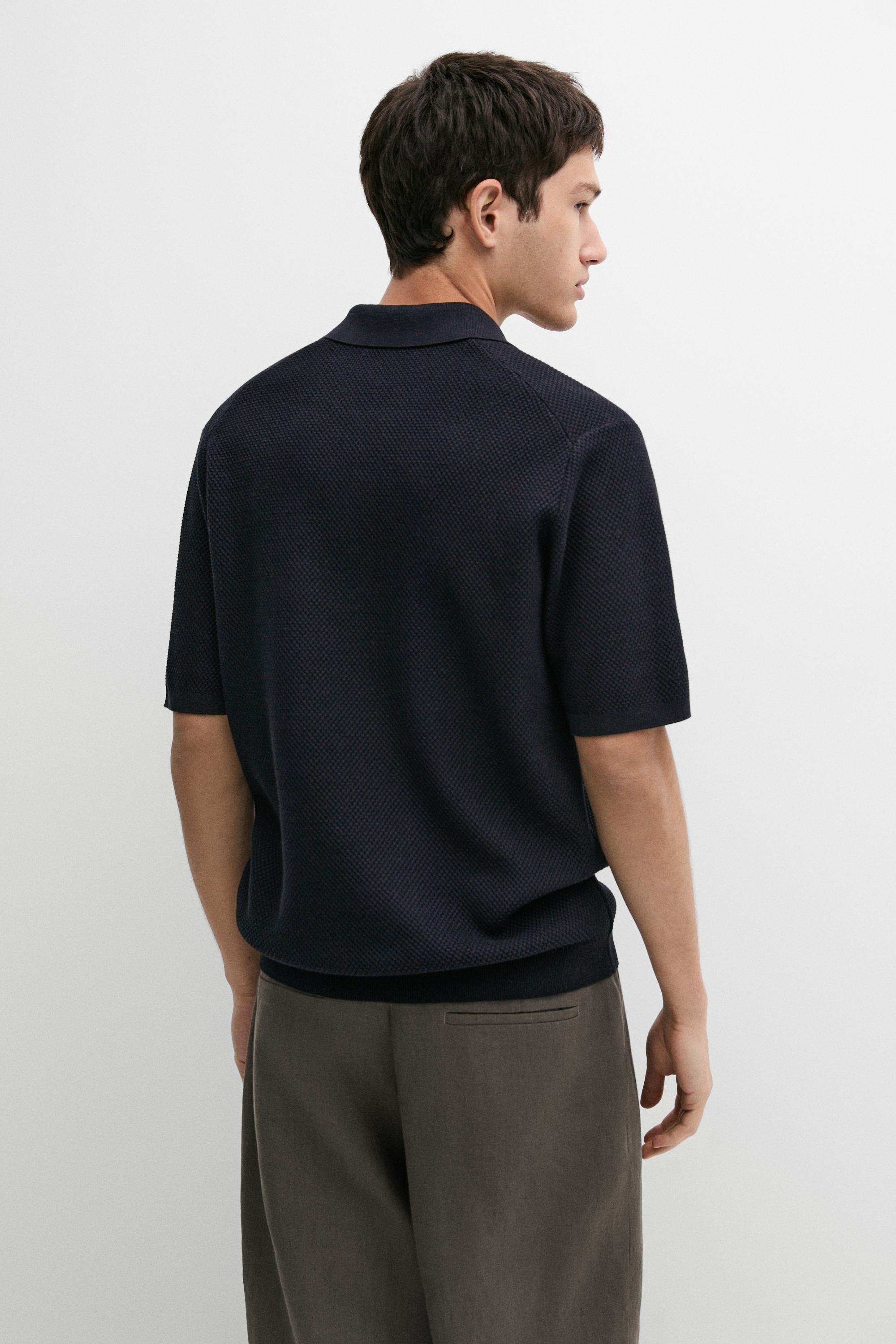 Cotton blend knit V-neck polo shirt — NAVY BLUE