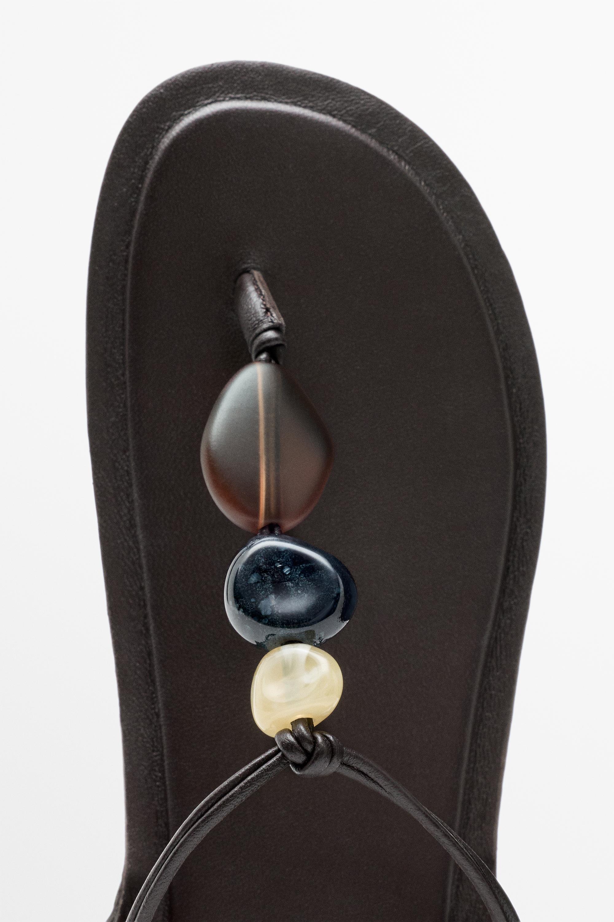 Flat slider sandals with stones — BROWN