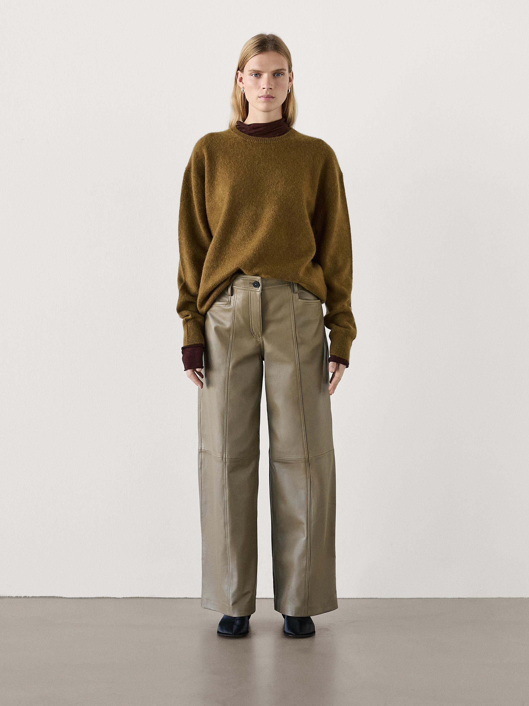 Wide leg nappa leather trousers with seam detail Green Skirts Massimo Dutti