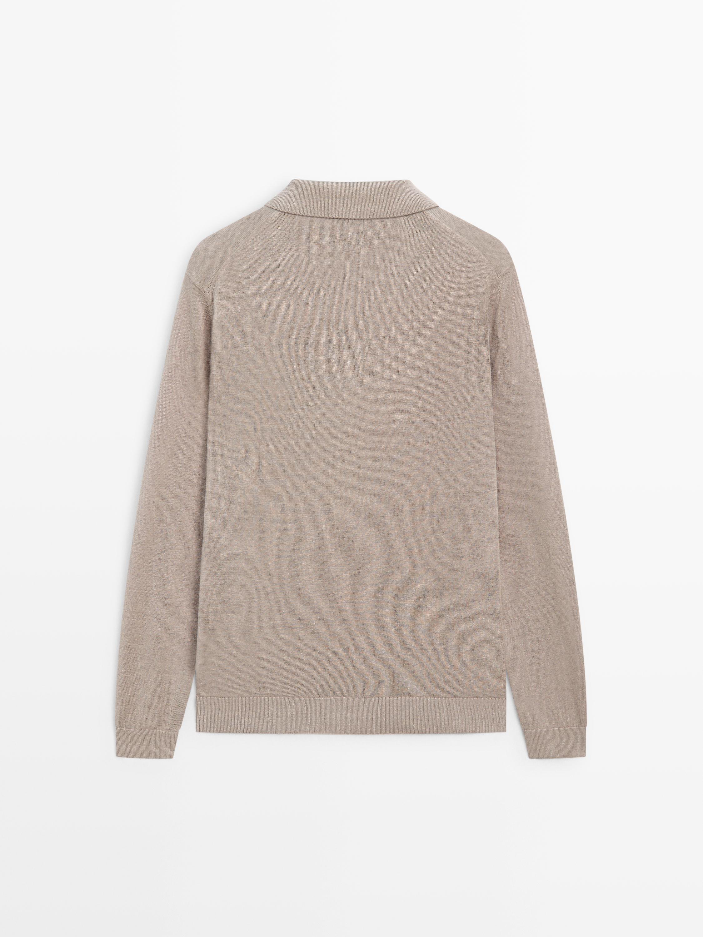 100% linen knit polo collar sweater — STONE
