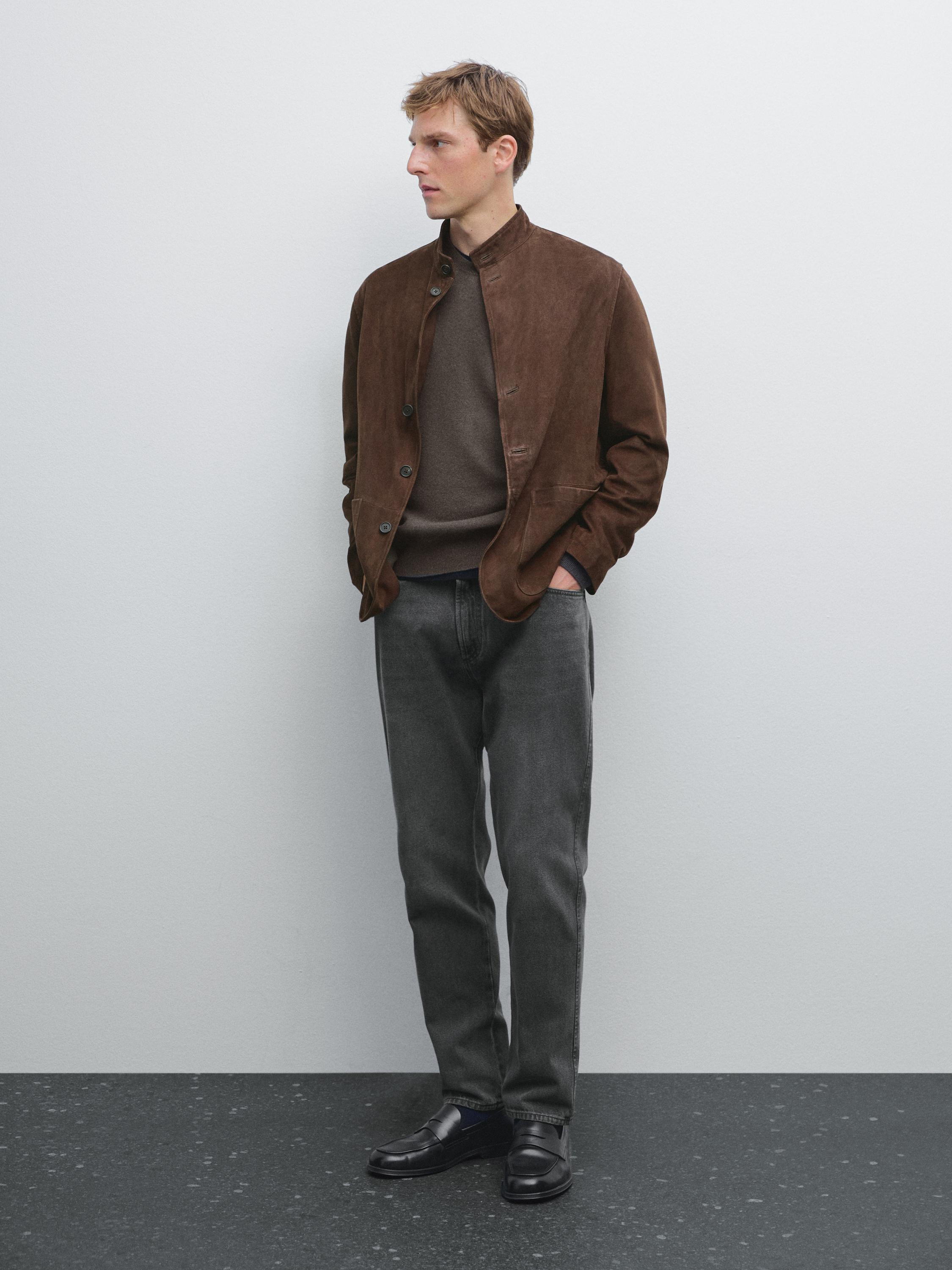 Suede leather stand collar jacket