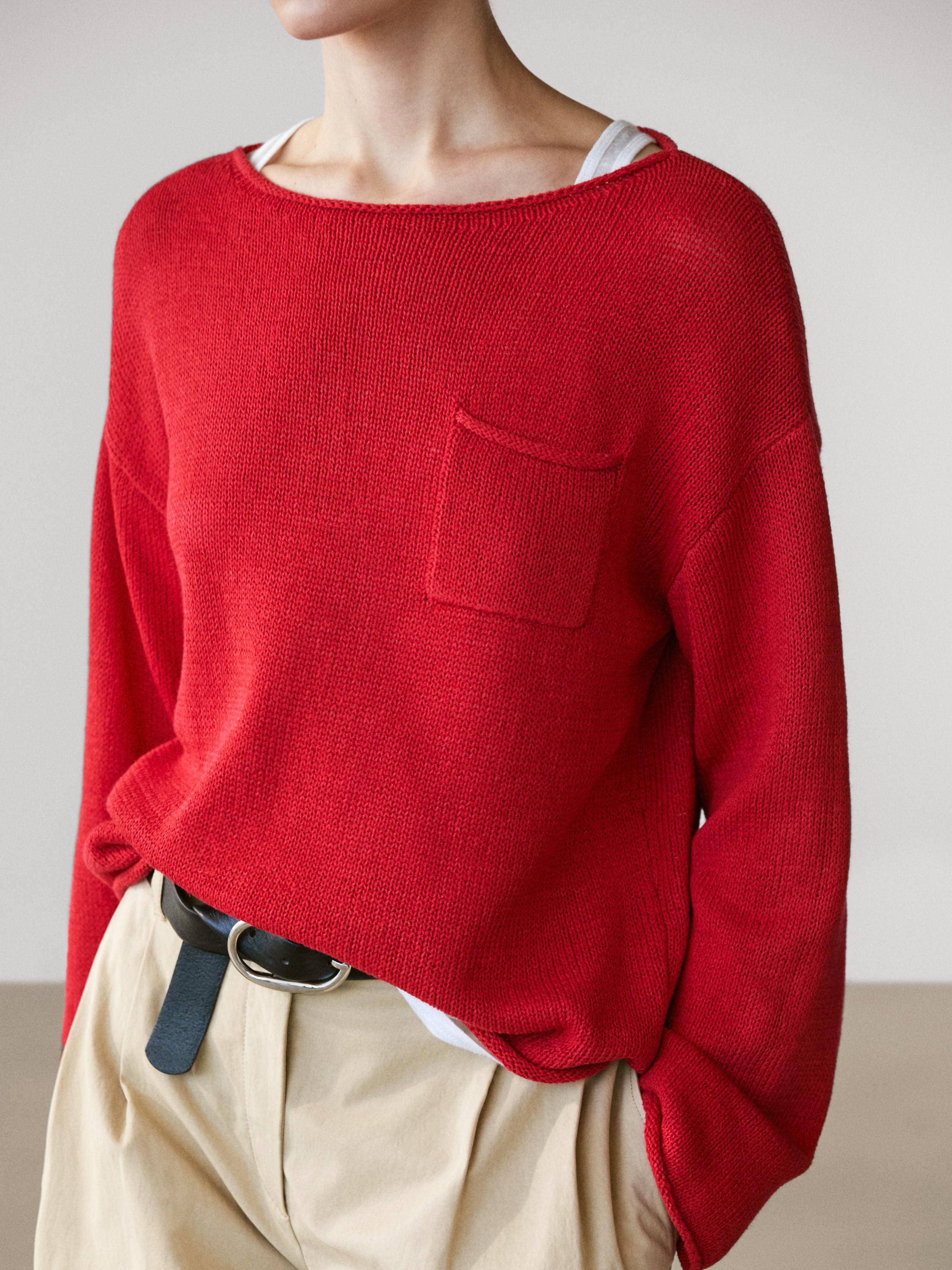 Cotton and linen knit sweater with pocket detail — RED