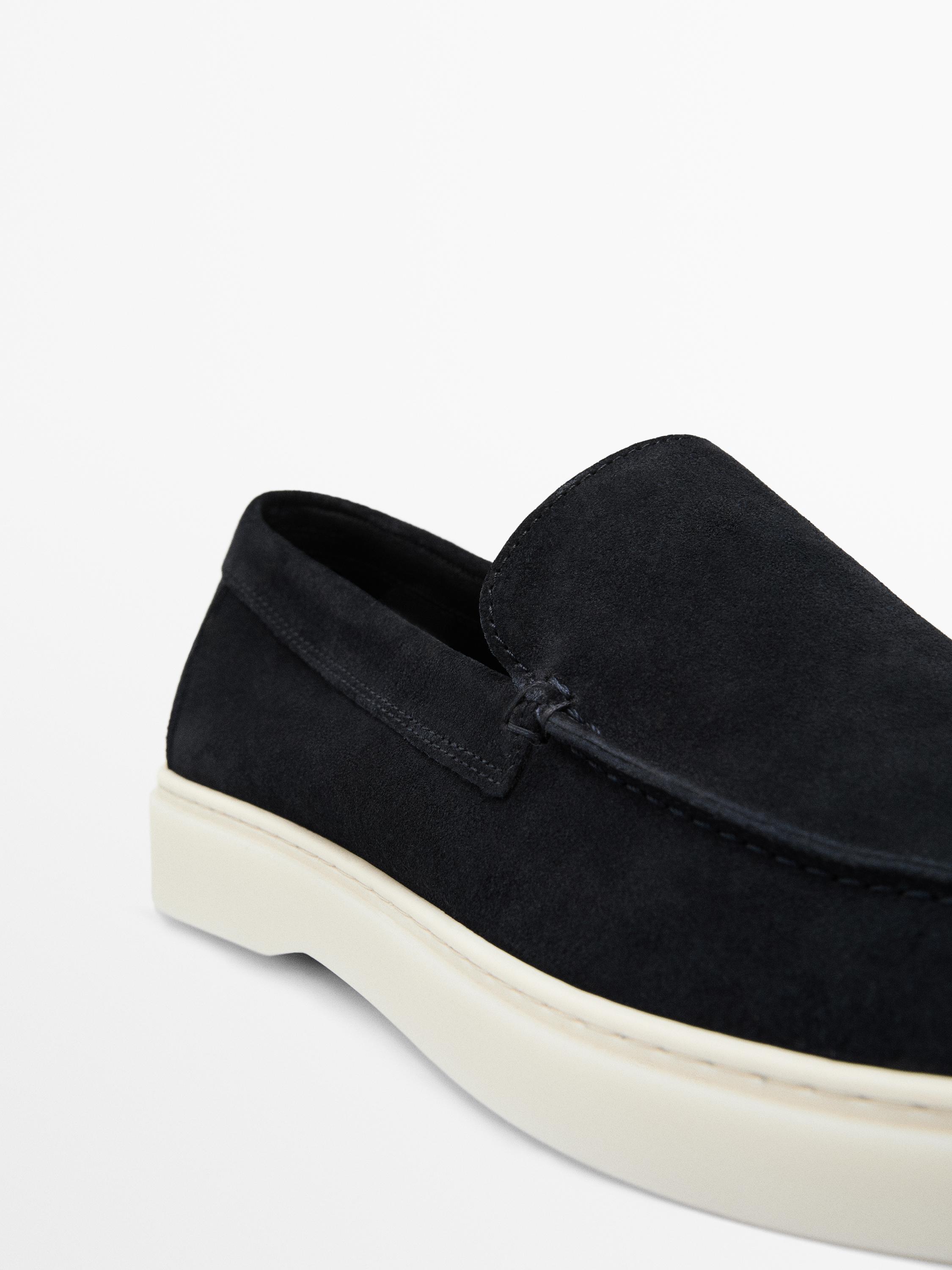 Split leather loafers with moc toe — BLUE