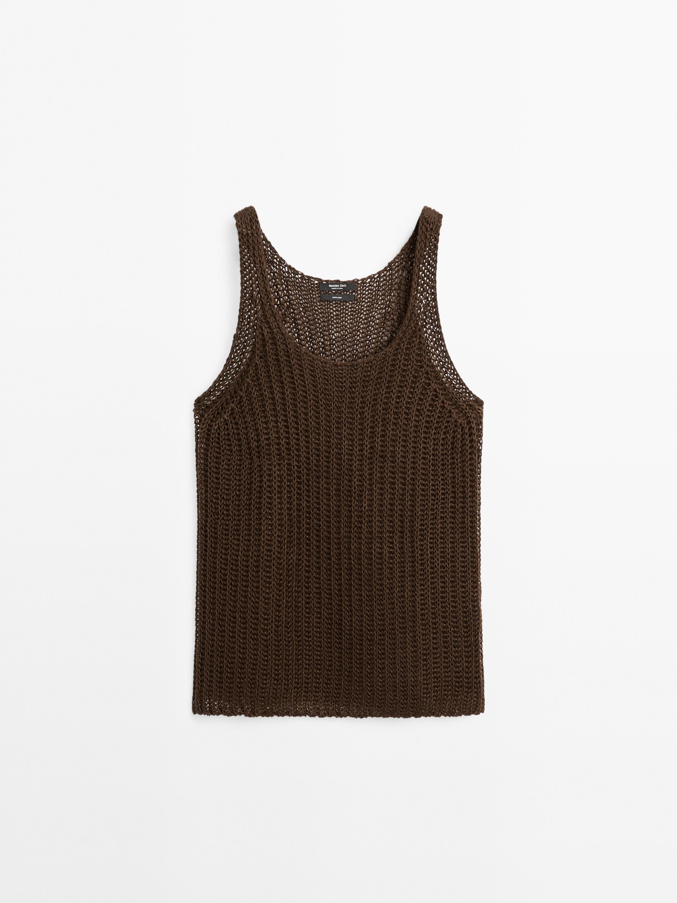 Top in maglia con scollo rotondo 100% lino