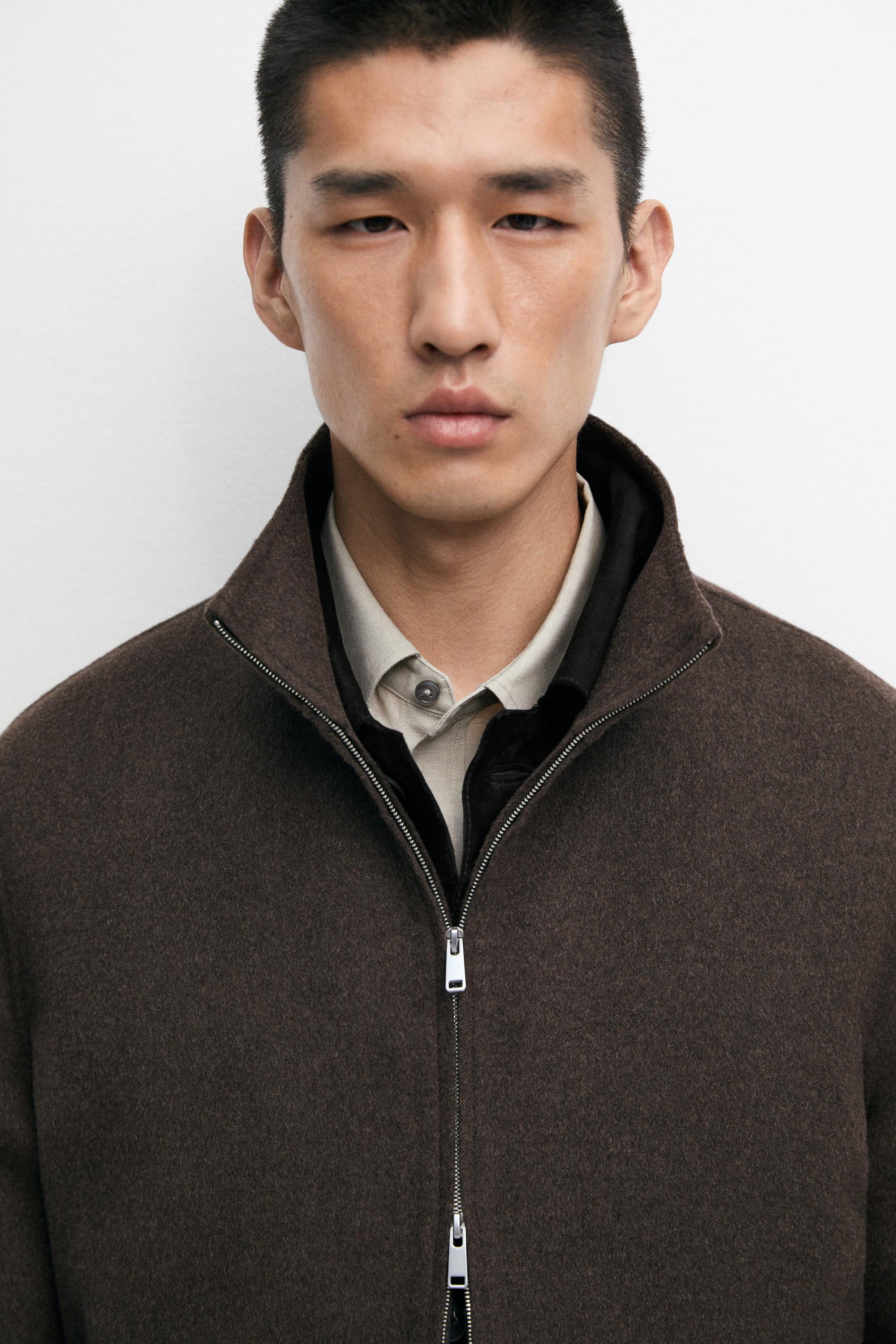 Wool blend double-fabric jacket with stand collar — BROWN