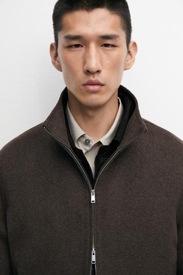 Wool blend double-layer jacket with high collar — BROWN 8