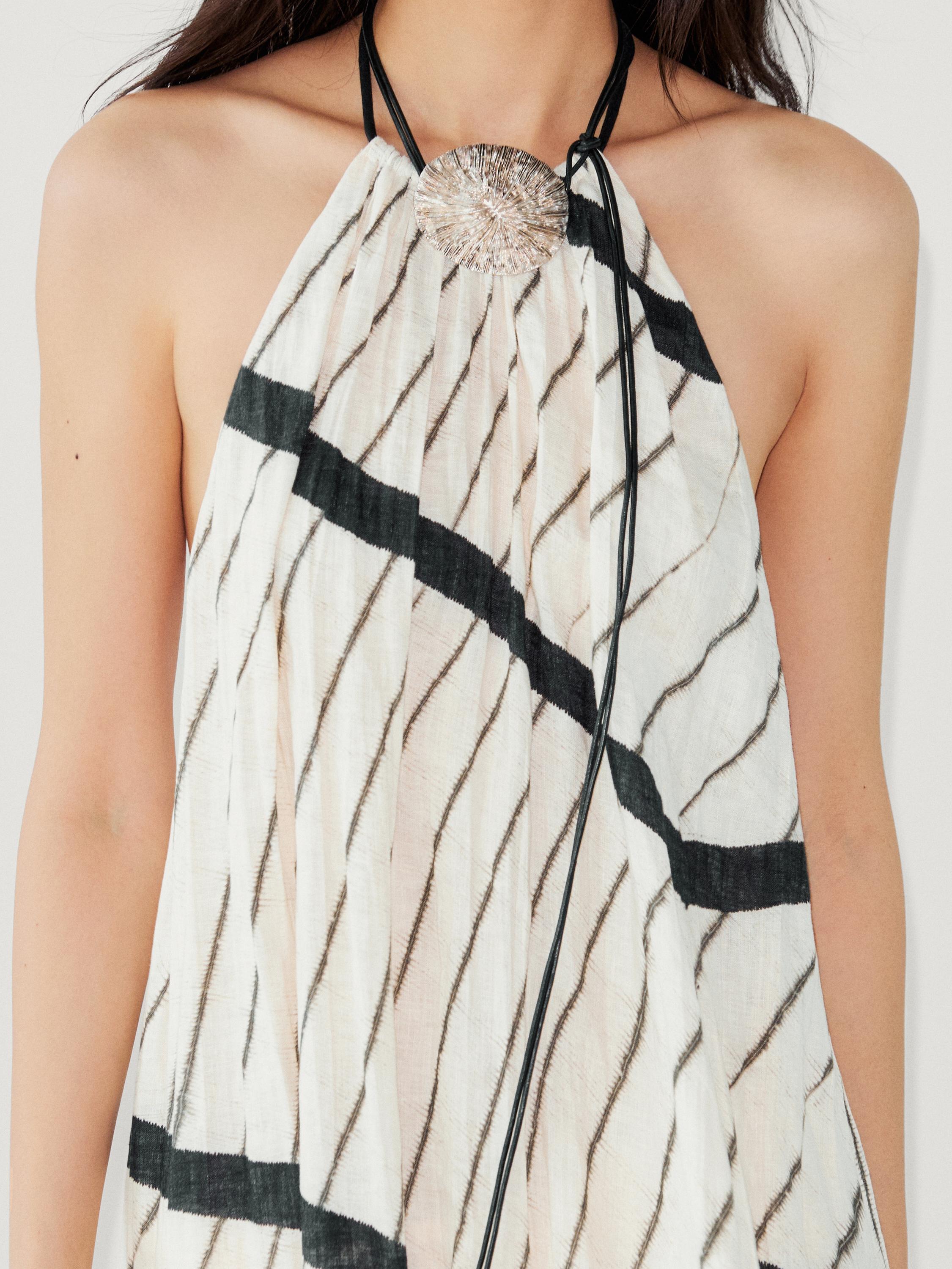 Robe longue à encolure américaine en lin à rayures