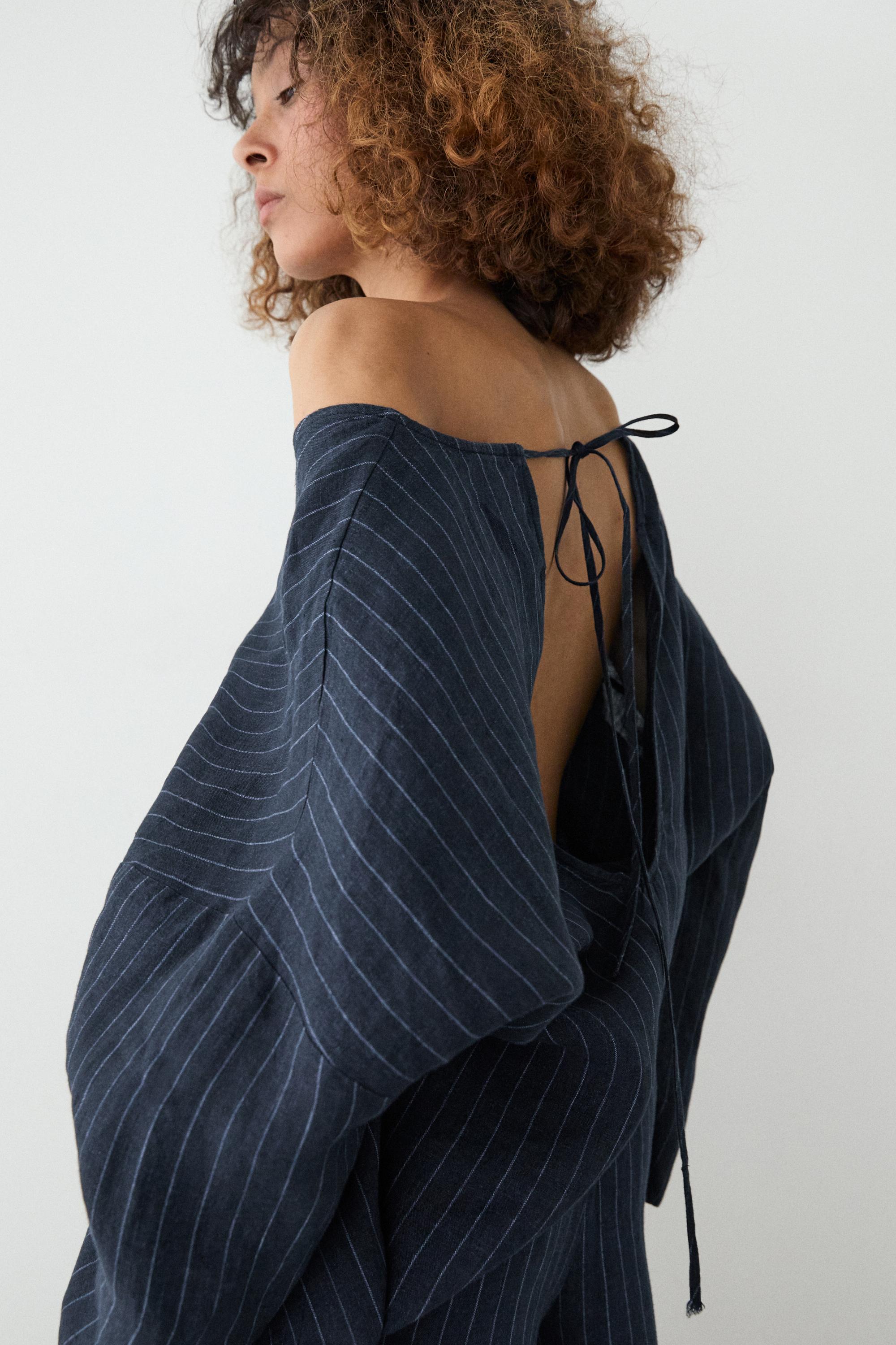 Striped linen blouse with back detail — DARK BLUE