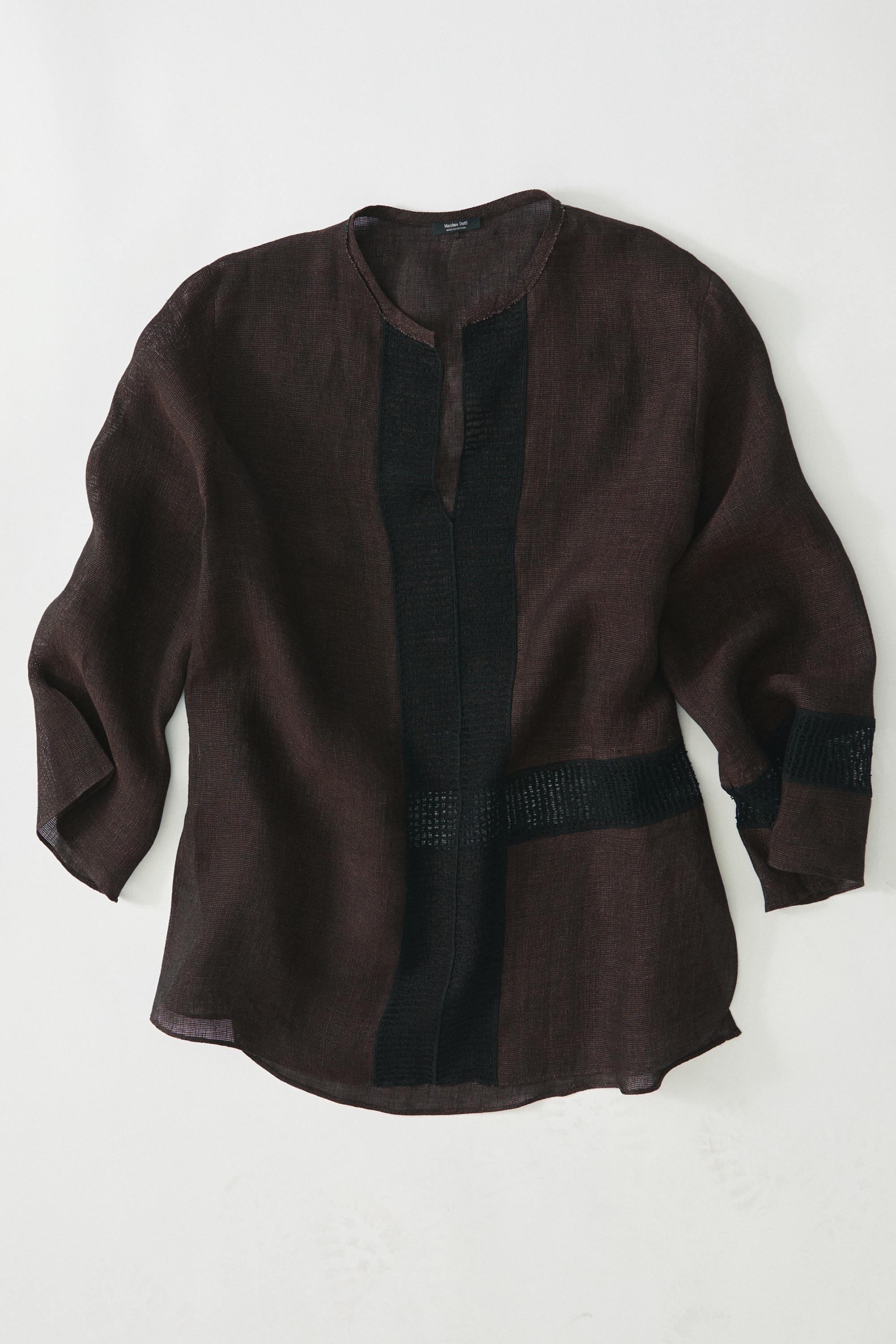 Flowing oversize linen blend blouse with lace trim — BROWN MARL