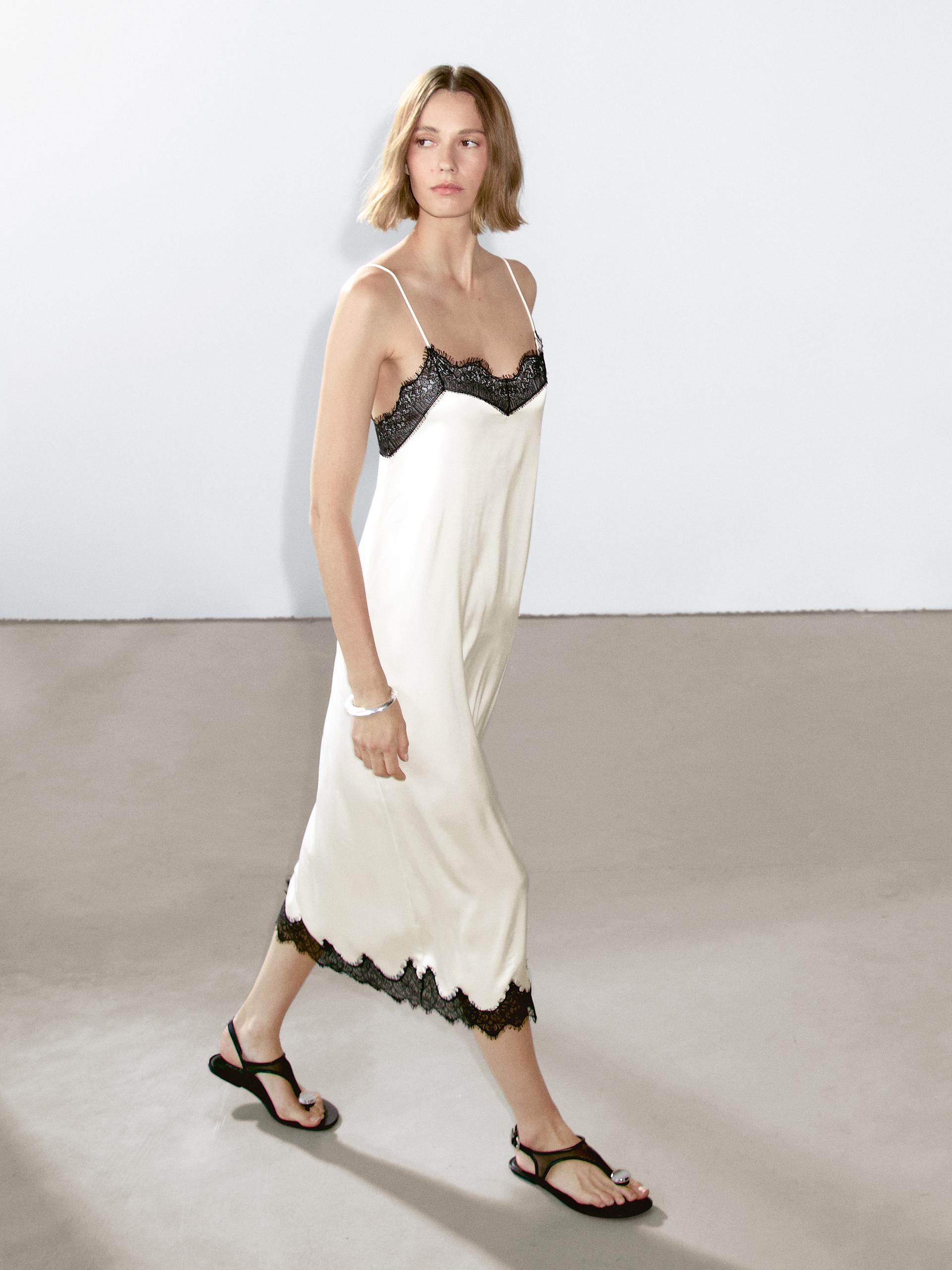 Contrast Lingerie Midi Dress - Cru - Xs - Massimo Dutti - Femme