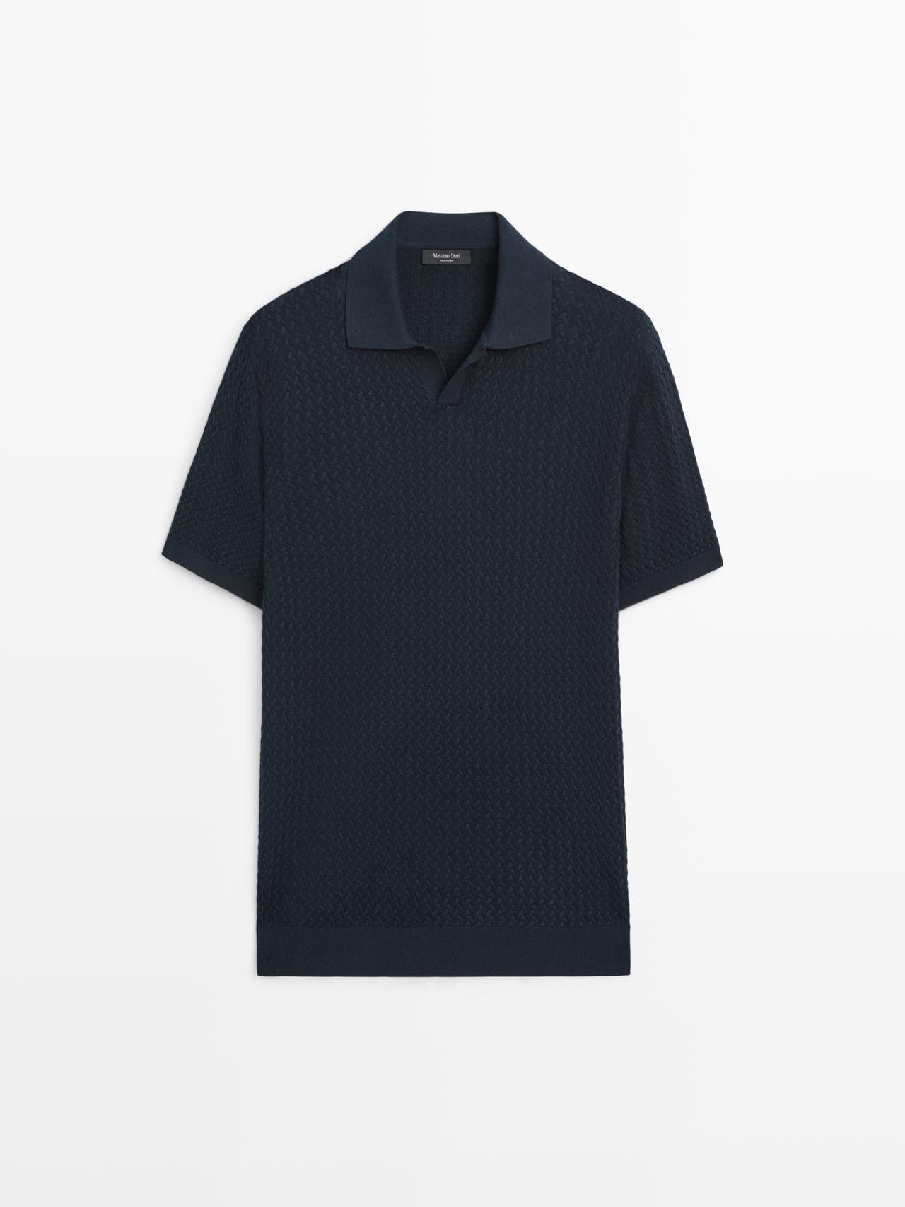 Massimo Dutti - Herre - Poloshirt I Kabelstrik Med V-Udskæring - Marineblå - Xl