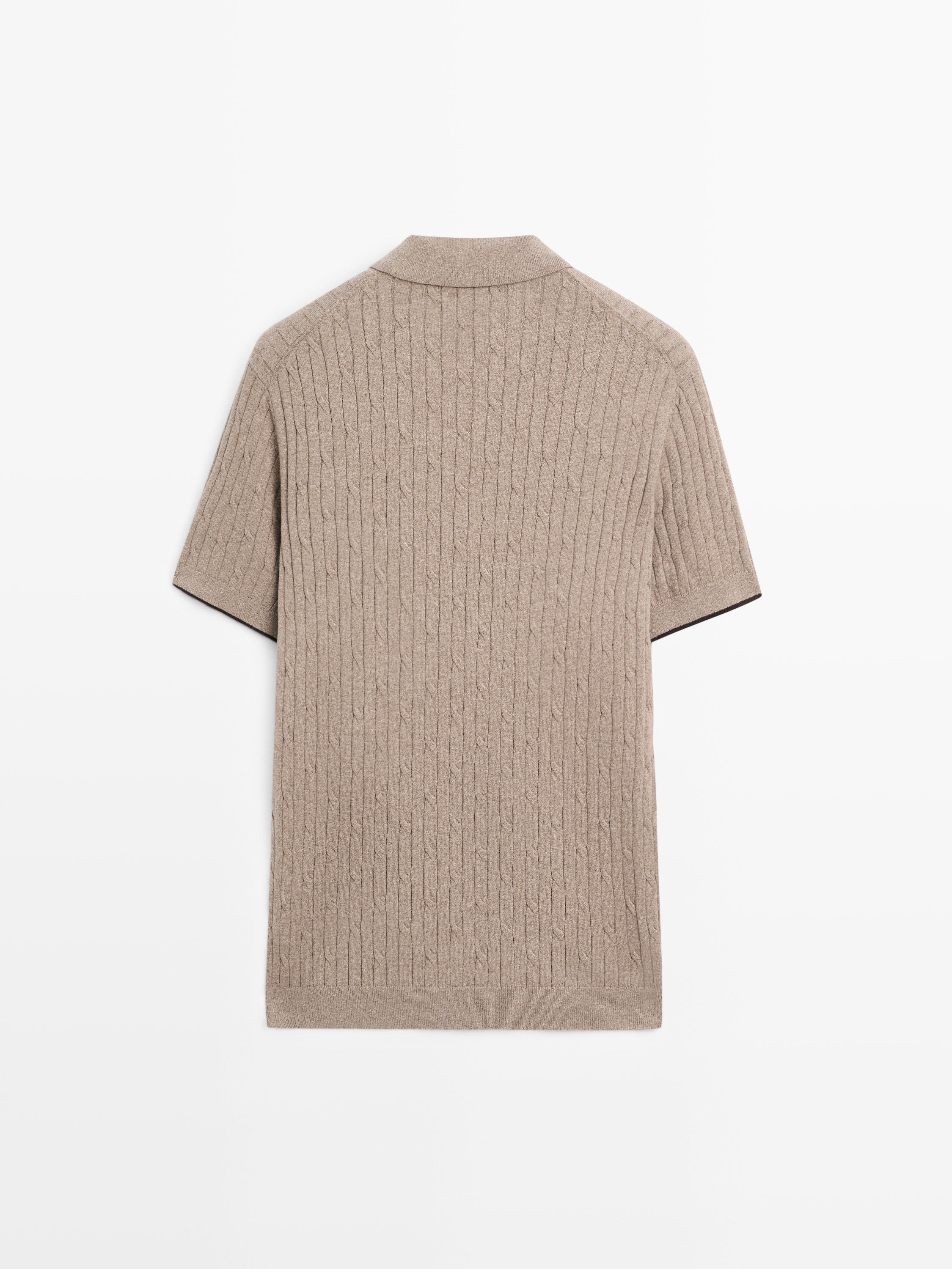Cotton blend cable-knit polo sweater — Dark beige