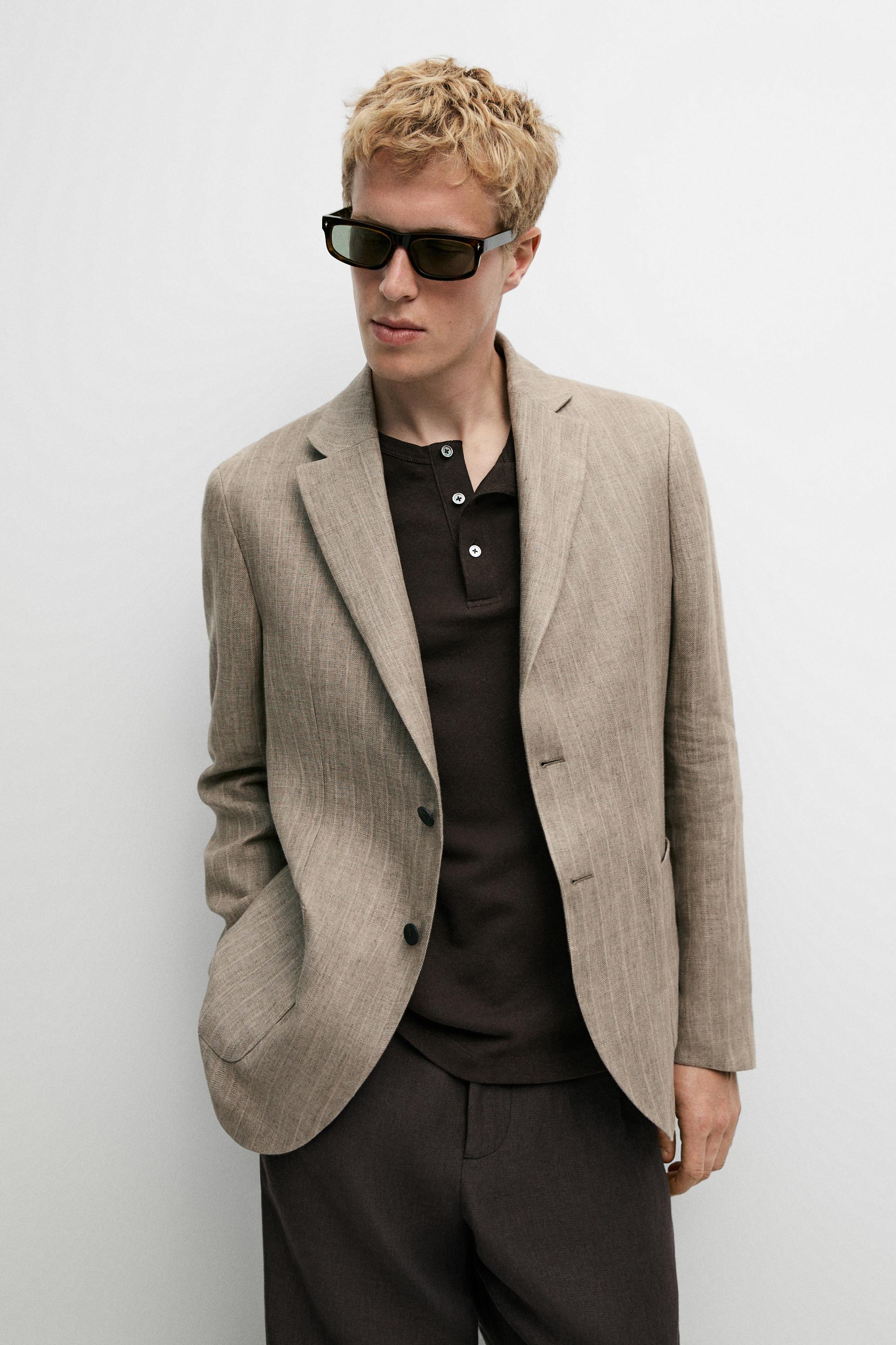 Linen herringbone stripe blazer — BEIGE