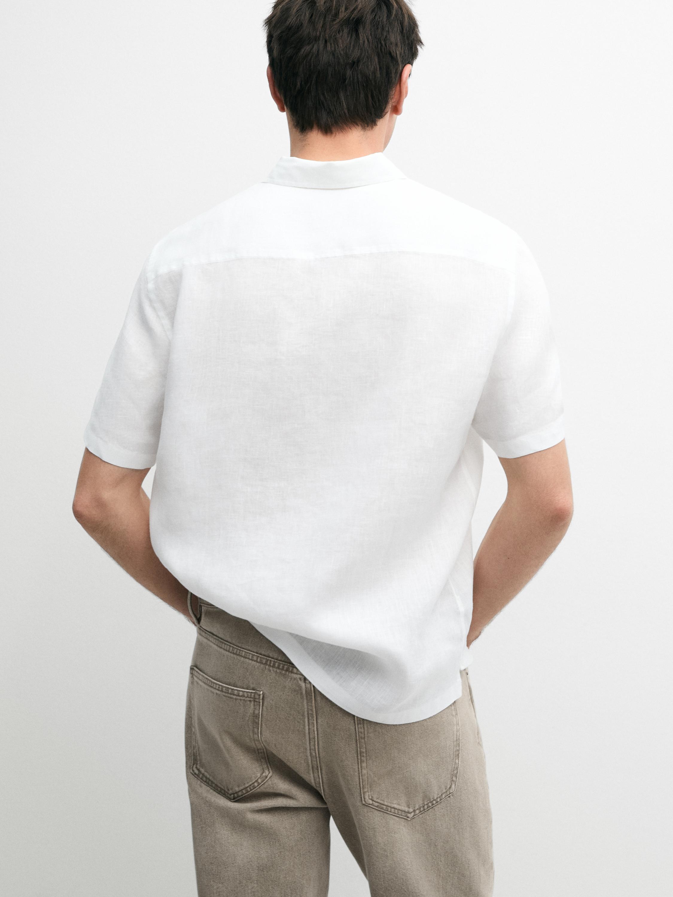 100% linen regular fit short sleeve shirt — WHITE