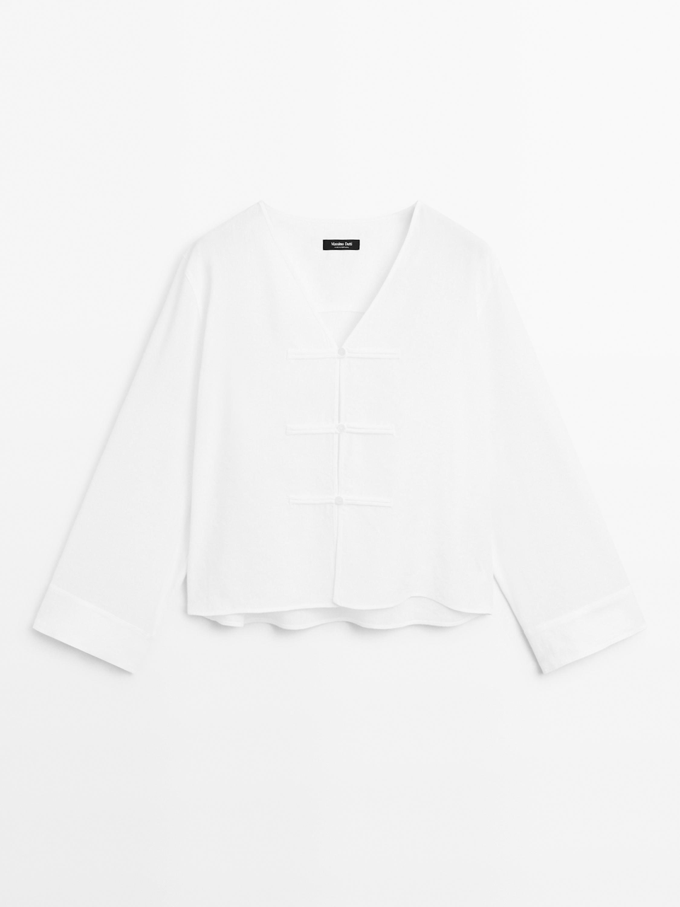 Flowing linen blend kimono-style blouse