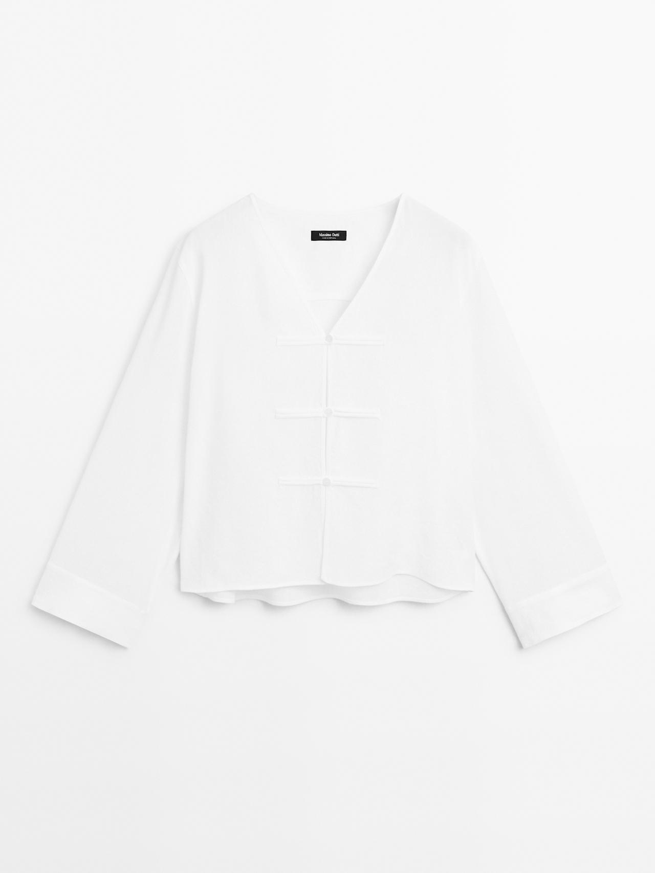 Massimo Dutti - Dame - Bluse I Hørblanding Med Blødt Fald Og V-Udskæring - Hvid - L