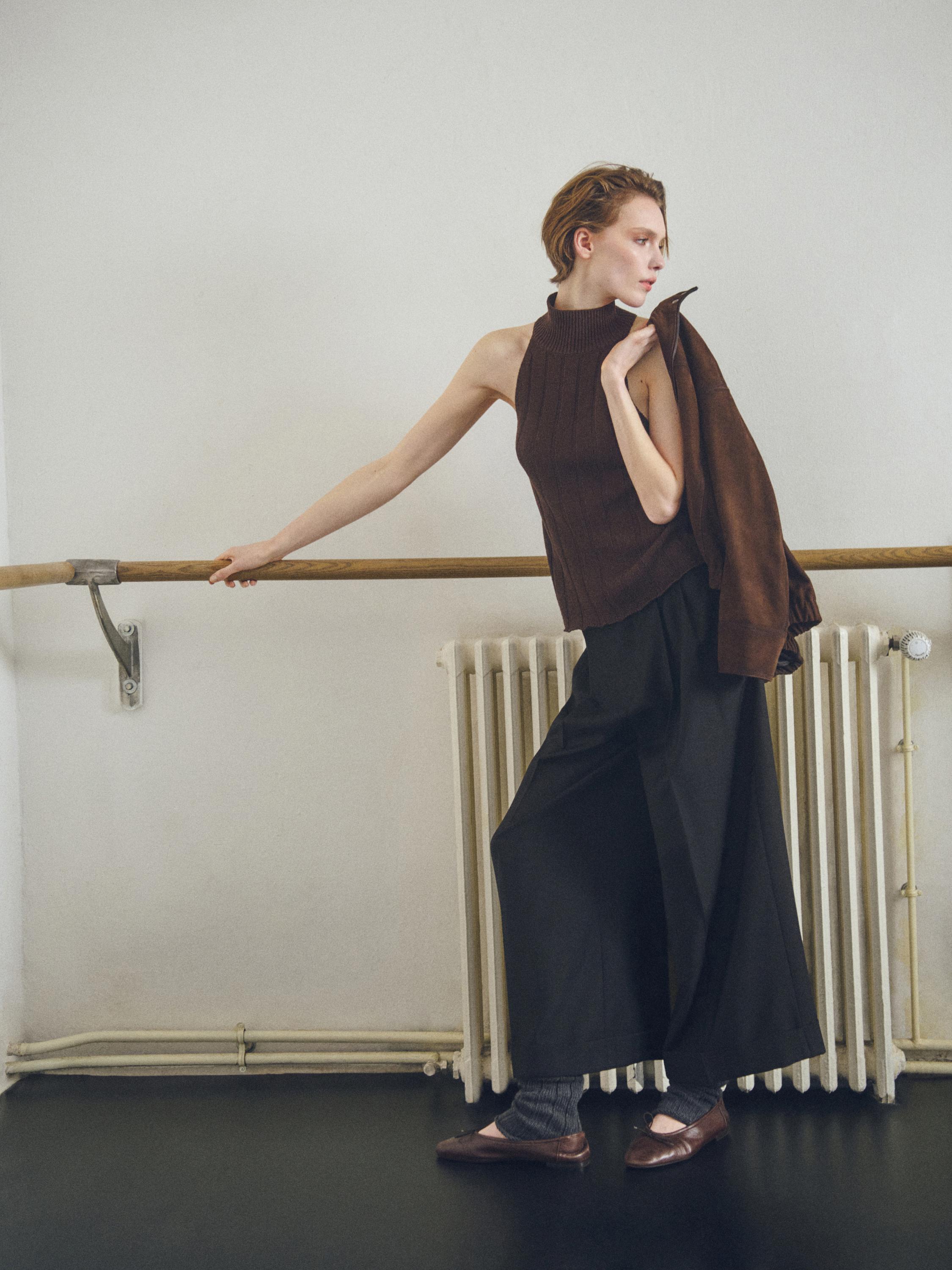 Gathered ballet flats with bow — BROWN