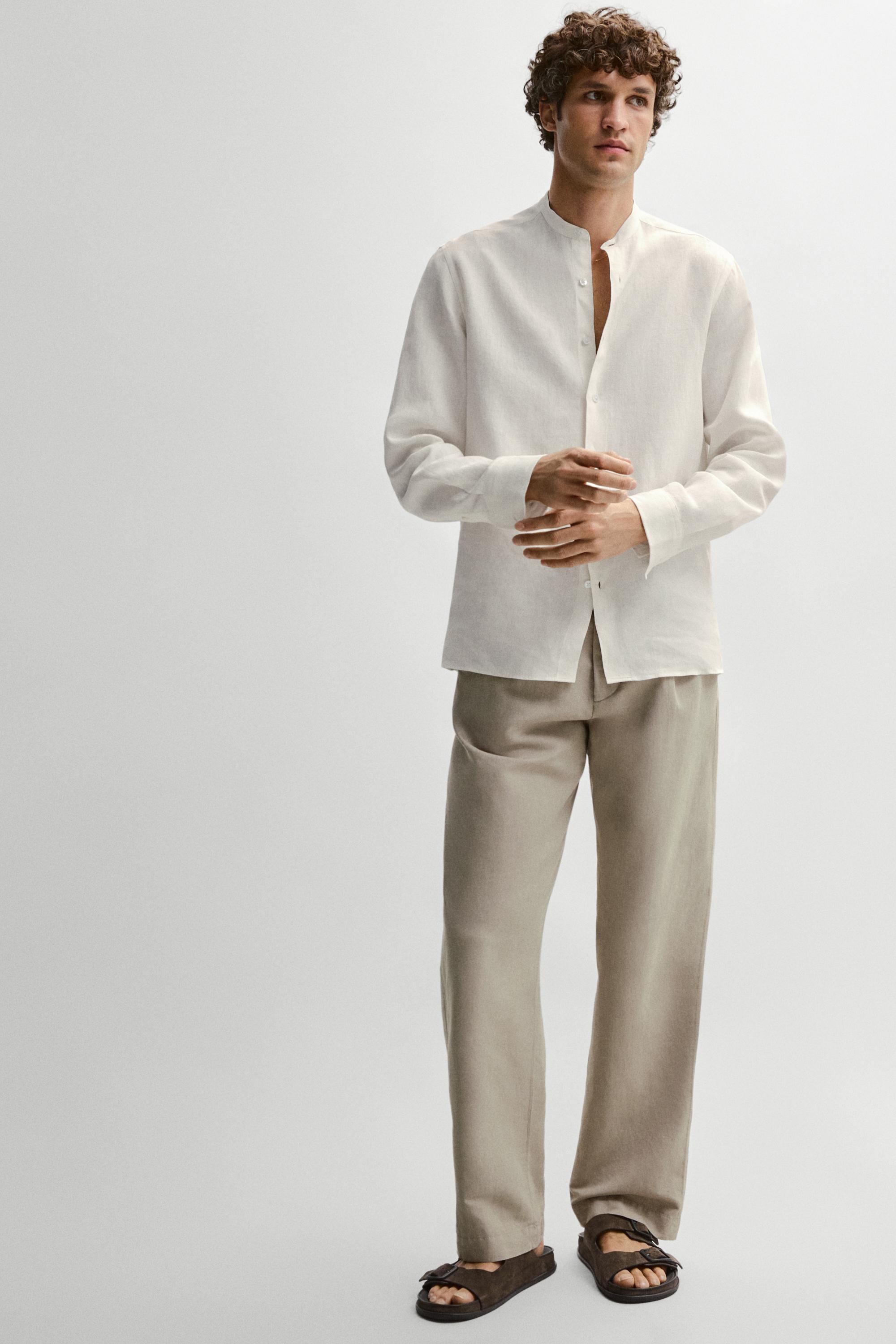 100% linen regular fit shirt with stand collar — CREAM