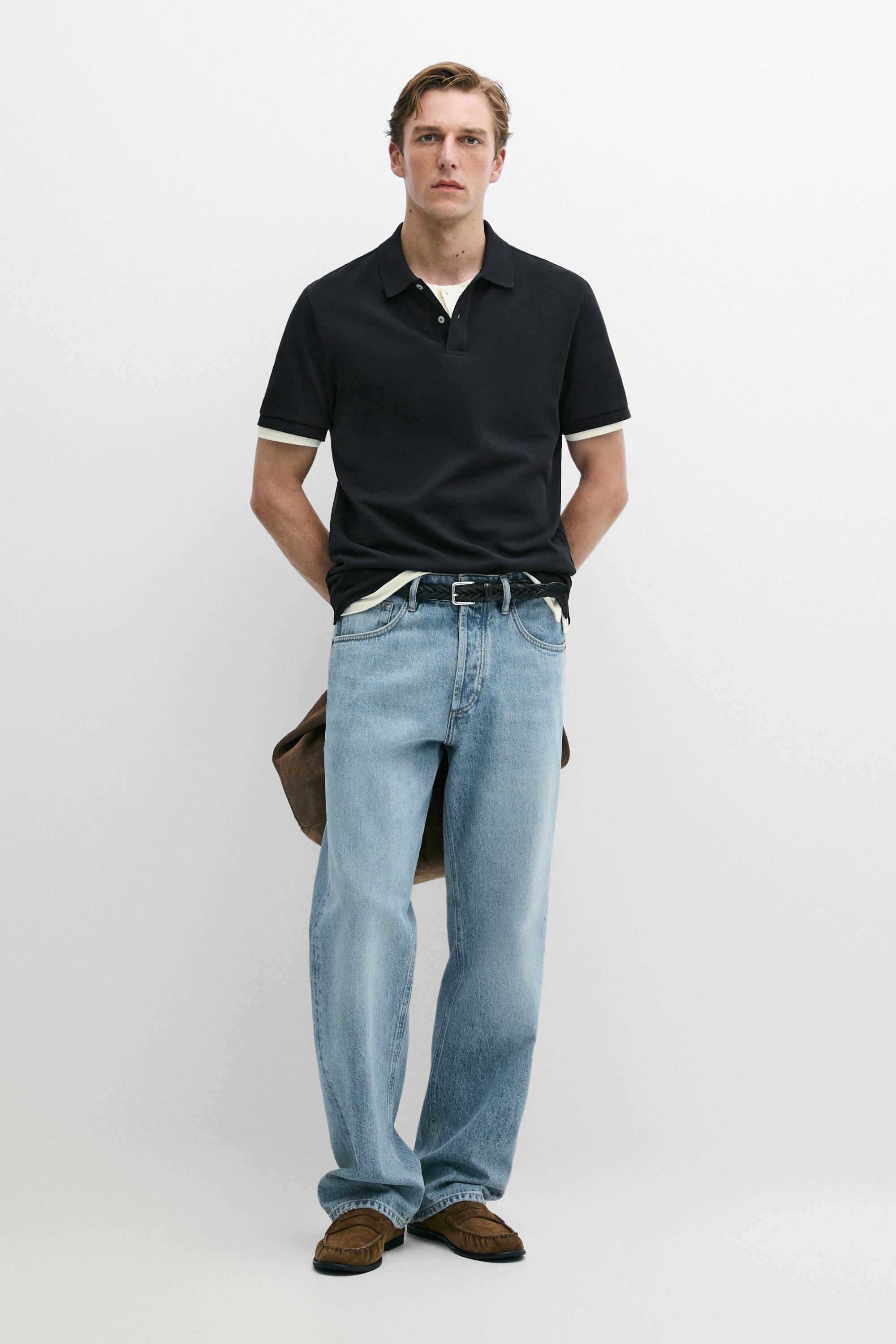 Micro-textured cotton piqué polo shirt — NAVY BLUE