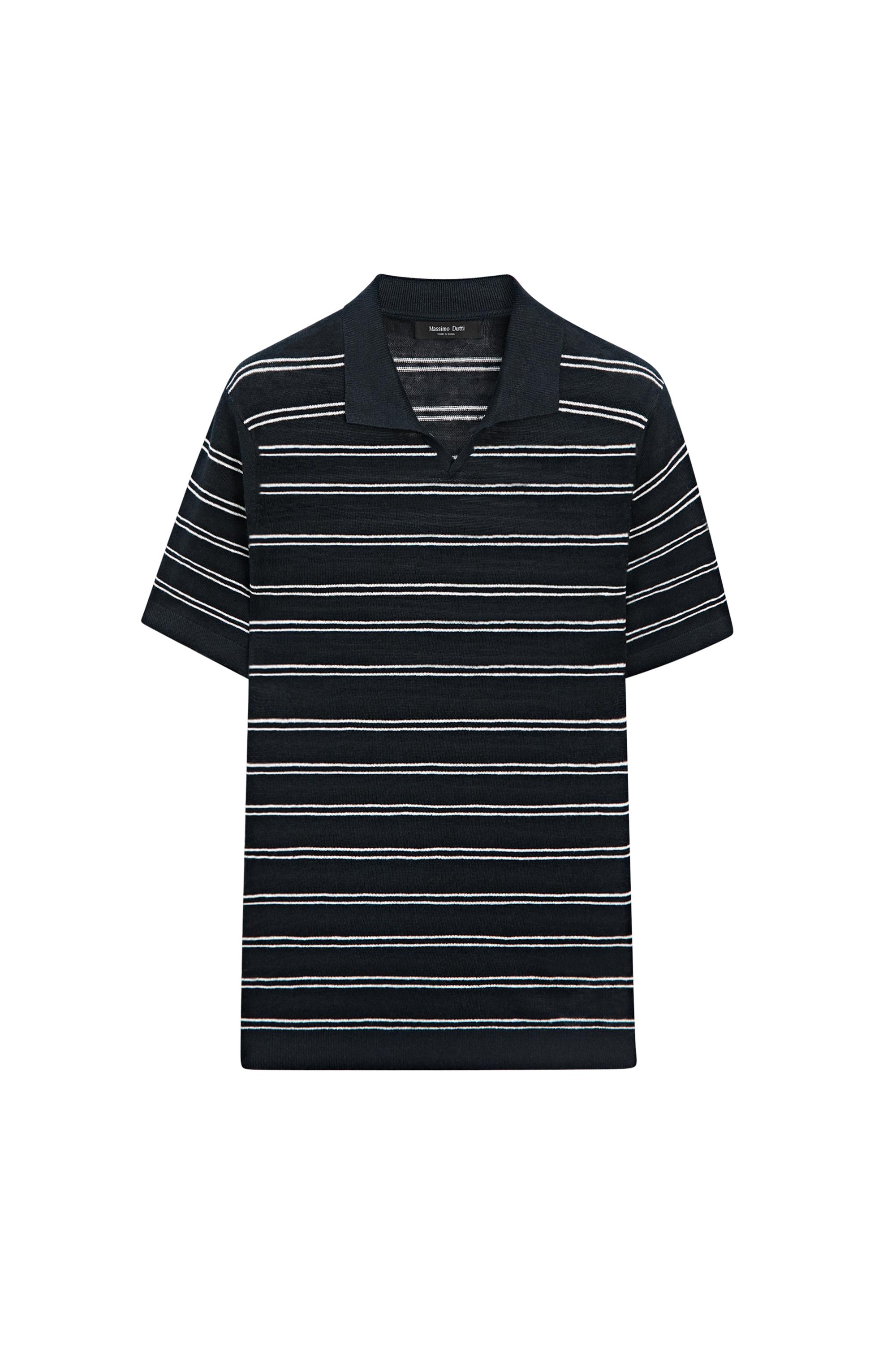 Striped 100% linen V-neck polo shirt — NAVY BLUE