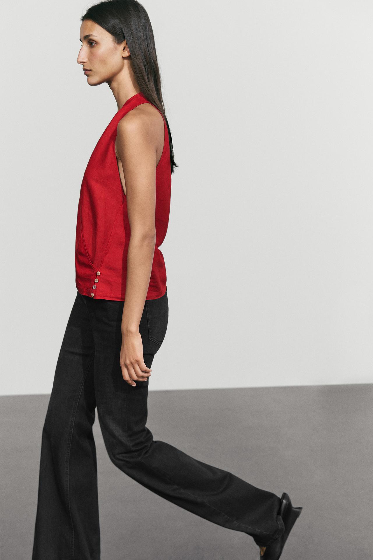 100% linen wrap top with button detail — RED