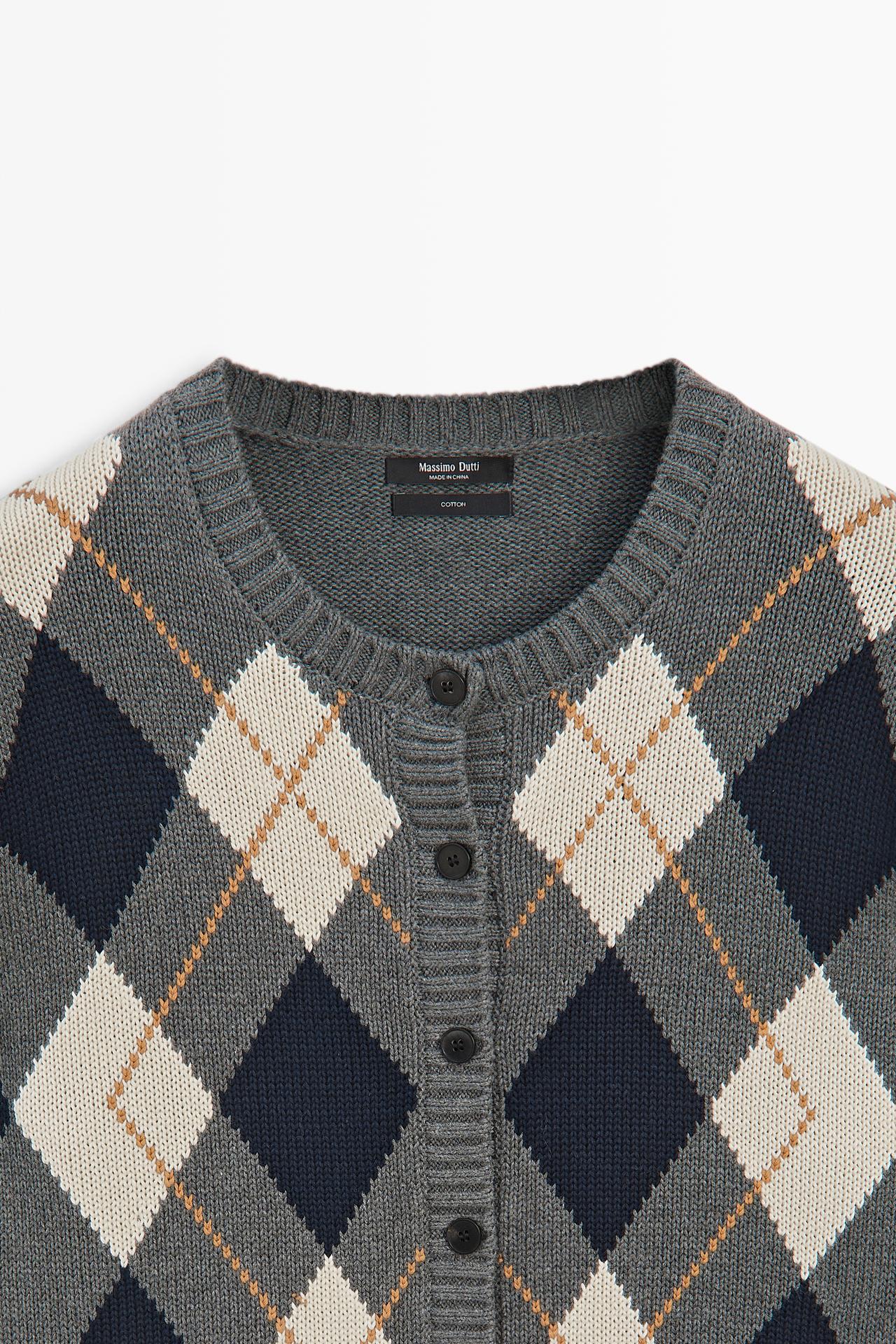 100% cotton argyle knit cardigan — GREY