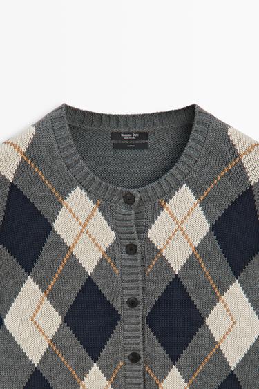 100% cotton argyle knit cardigan — GREY 9