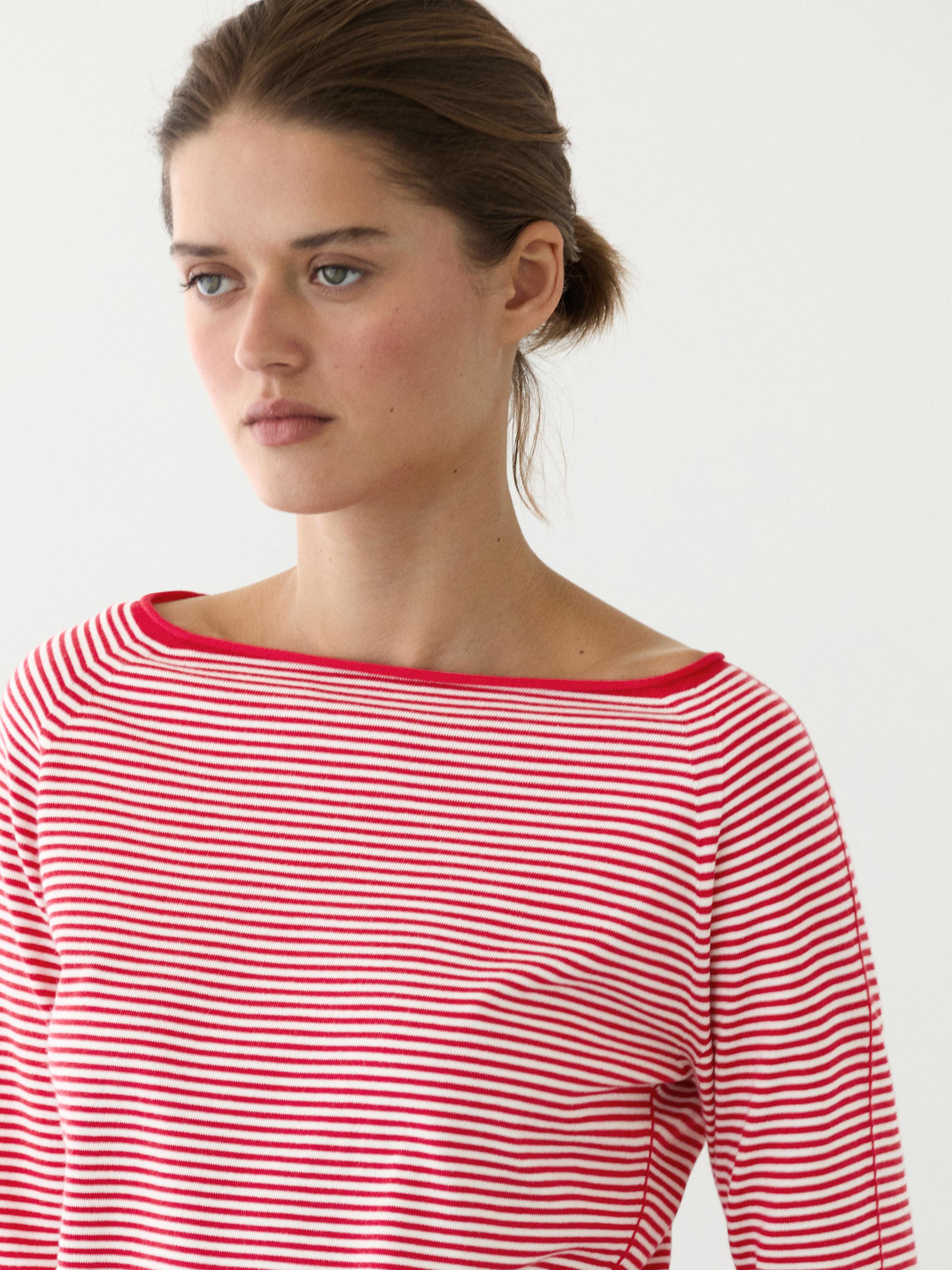 100% cotton striped knit sweater — RED