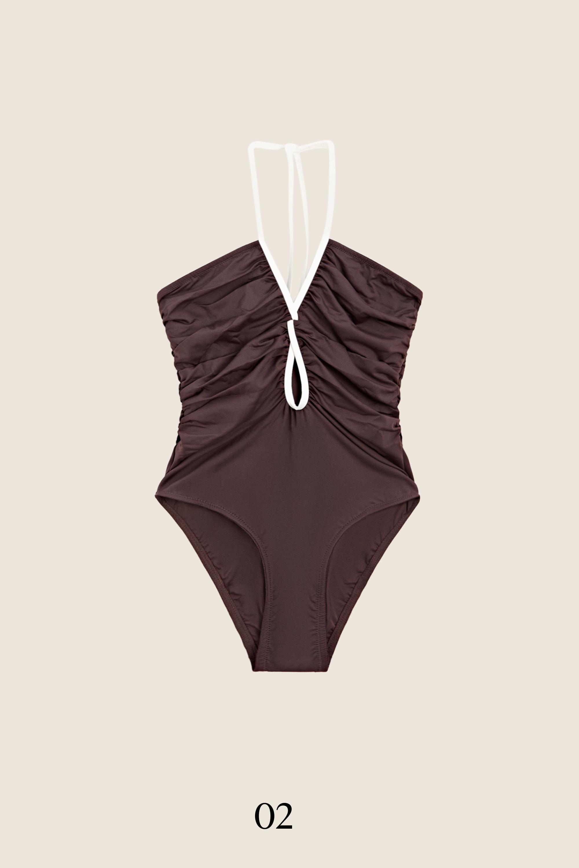 Swimsuit with contrast gathered detail — BROWN