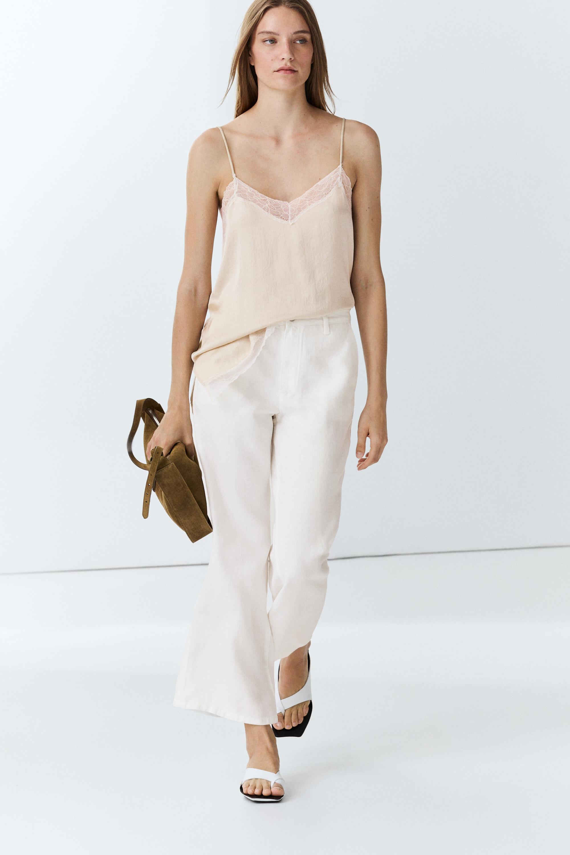 100% linen cropped flare fit pants — Off white