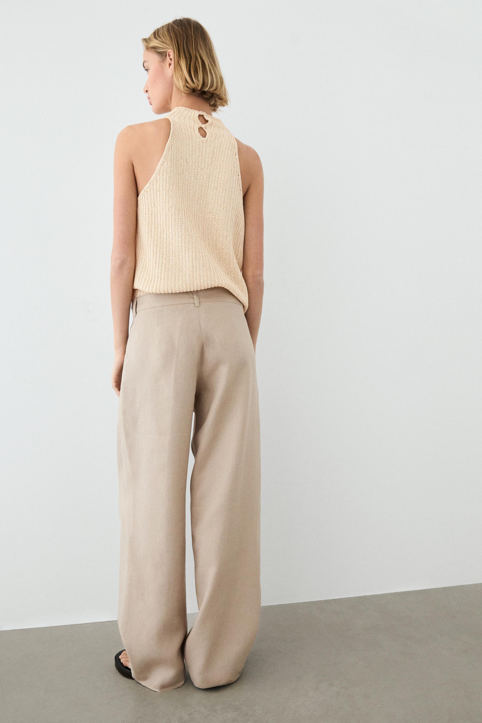 Wide-leg pleated linen trousers — STONE