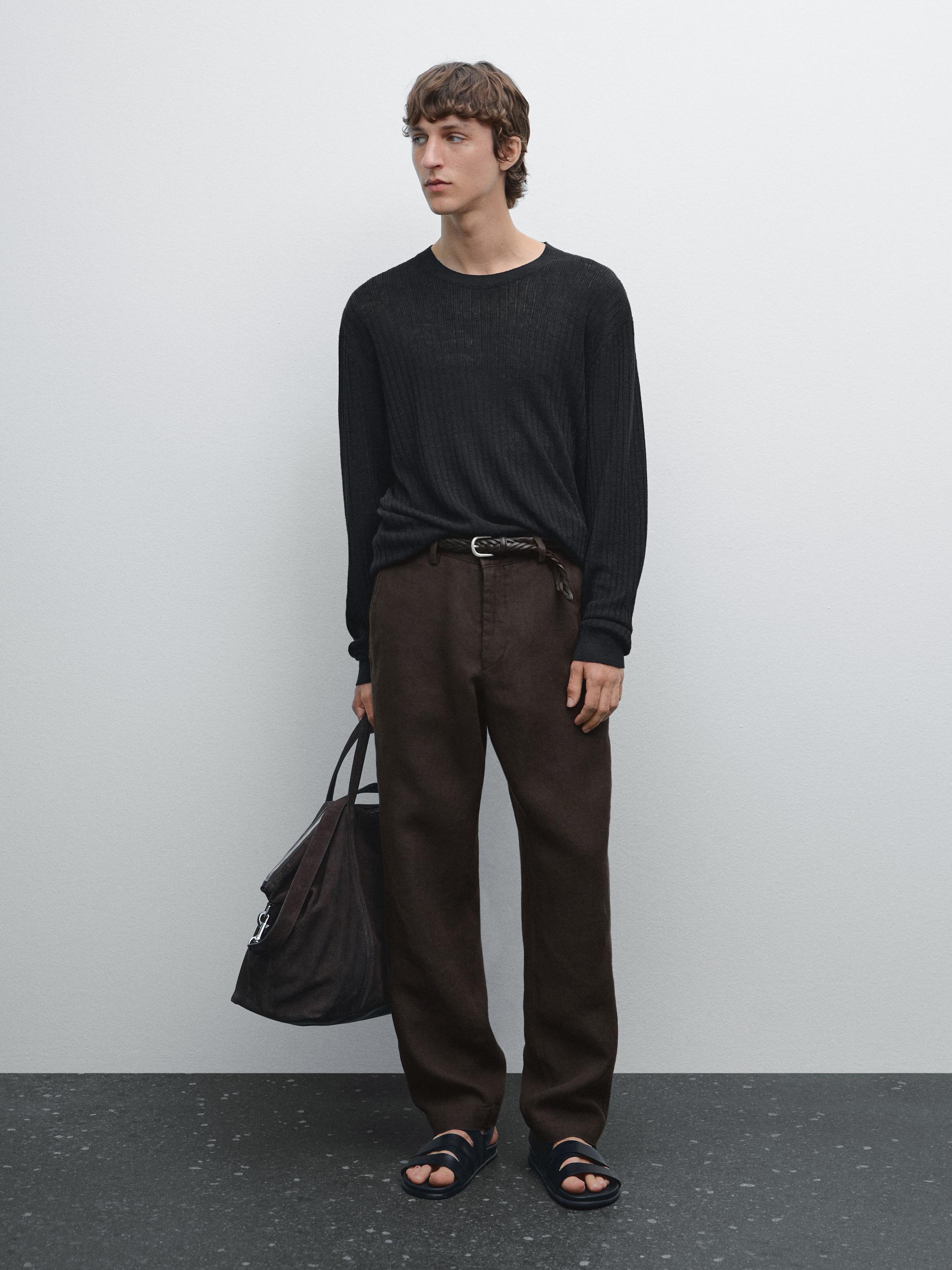 100% linen straight-leg trousers