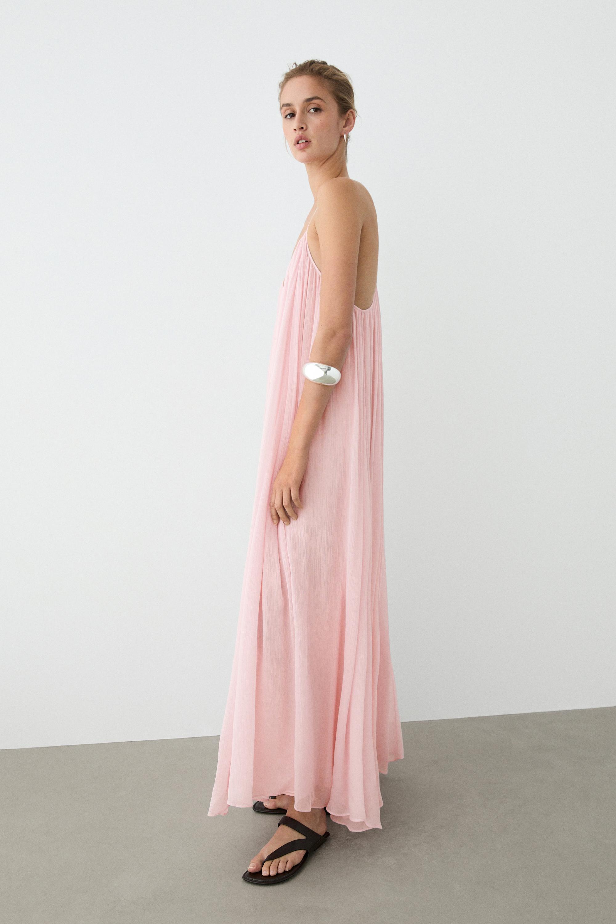 Flowing pleated spaghetti strap dress Pale Pink Dress | Massimo Dutti Flowing pleated spaghetti strap dress Pale Pink Dress | Massimo Dutti