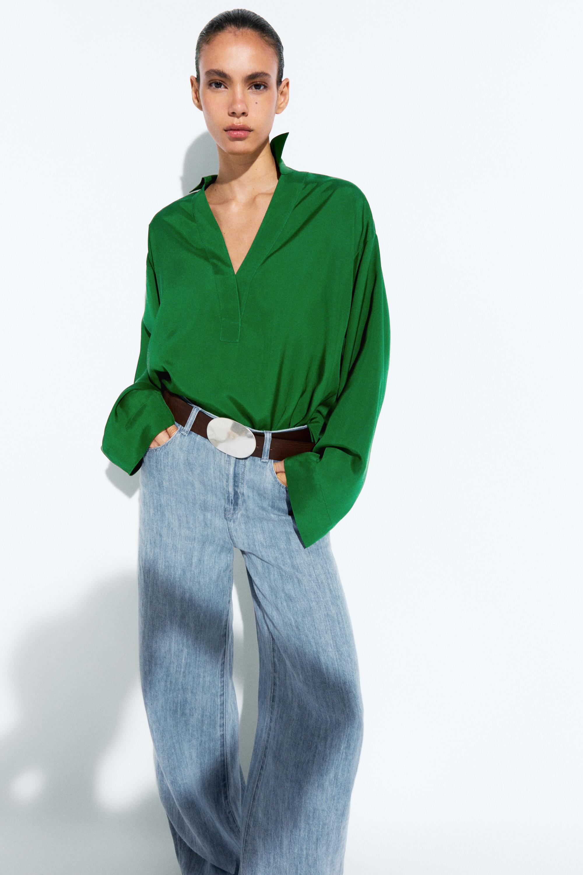 Long sleeve flowing polo shirt — GREEN