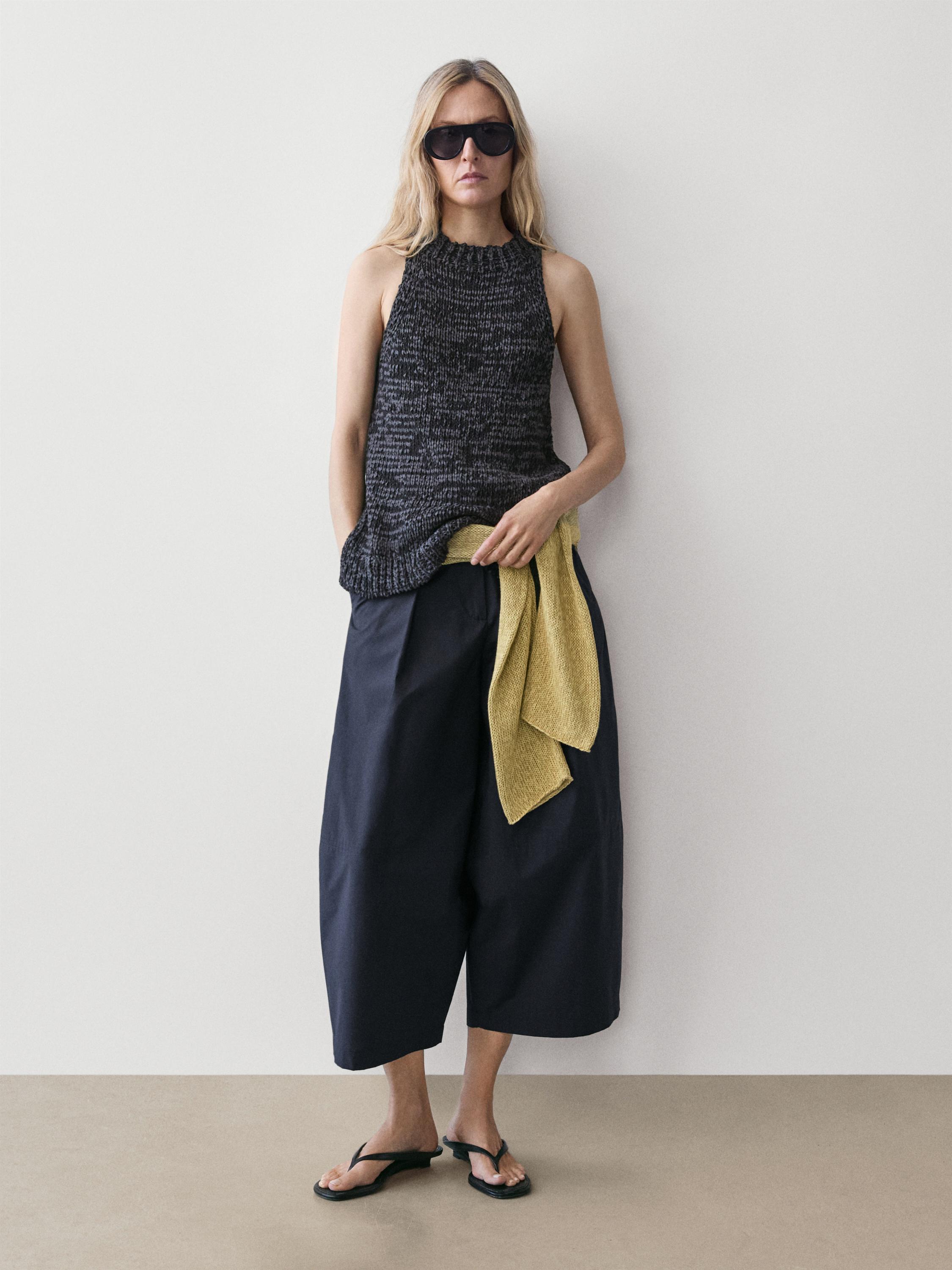 Cotton blend wide-leg trousers — DEEP BLUE