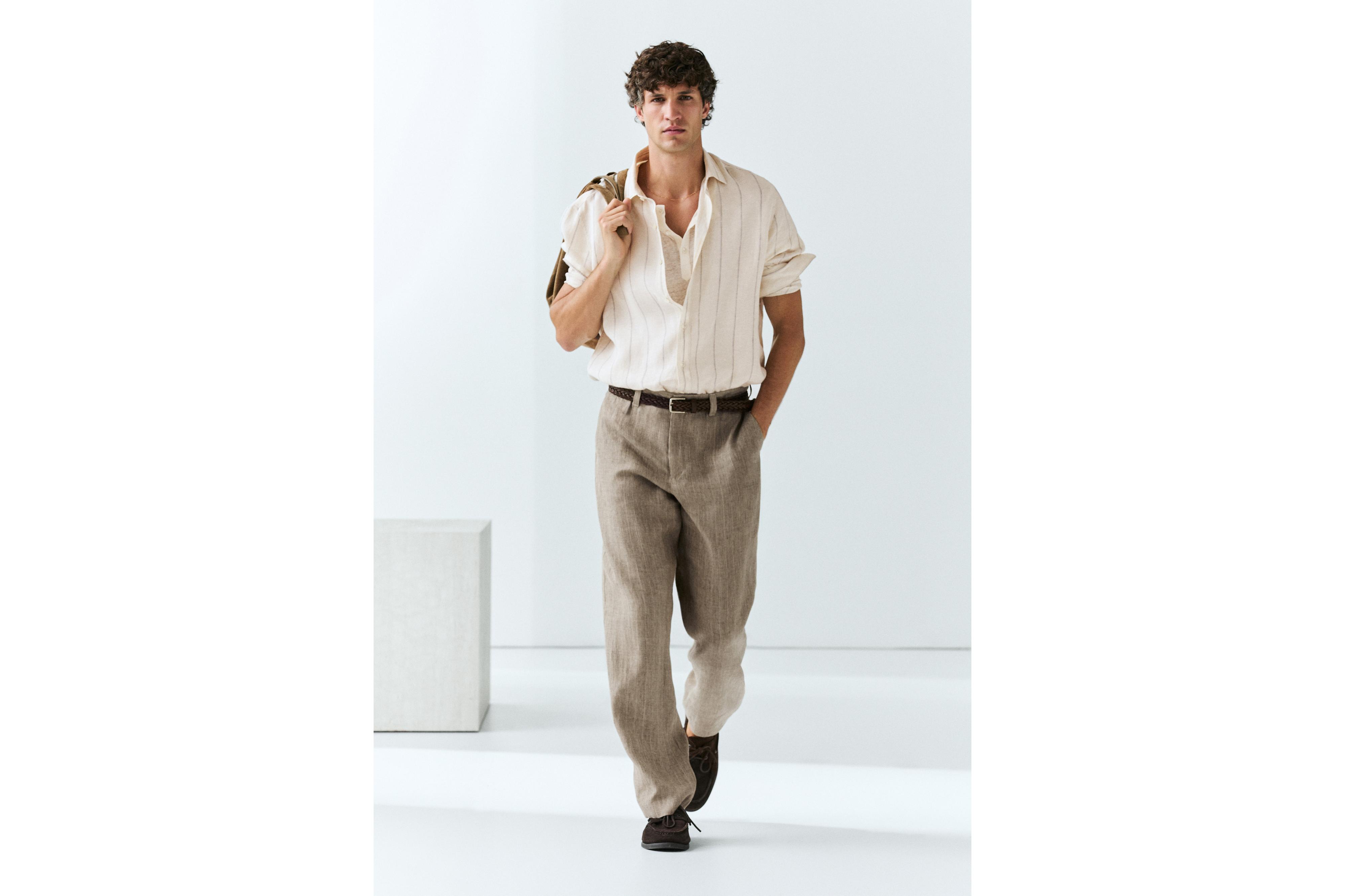 100% linen regular fit striped shirt — CREAM
