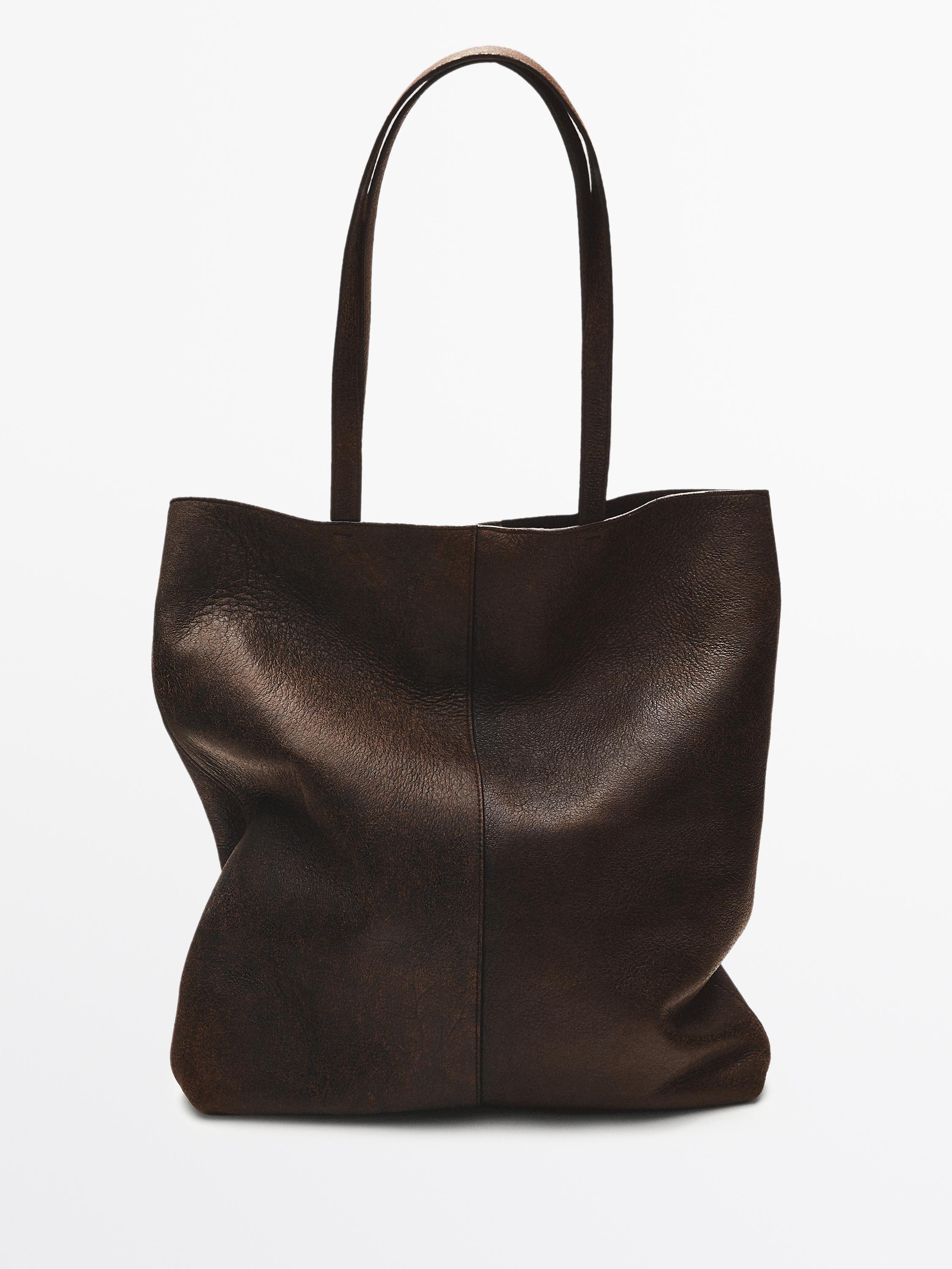 Suede leather tote bag with crackled finish