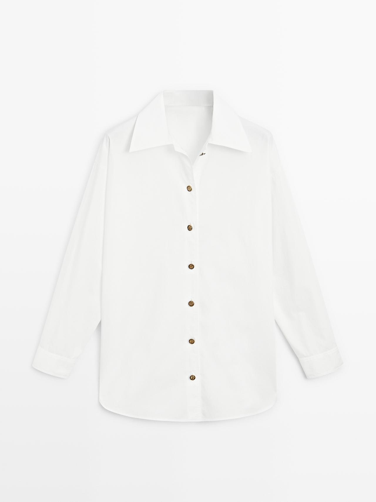 Massimo Dutti - Dames - Popeline Overhemd Met Goudgele Knopen - Wit - M