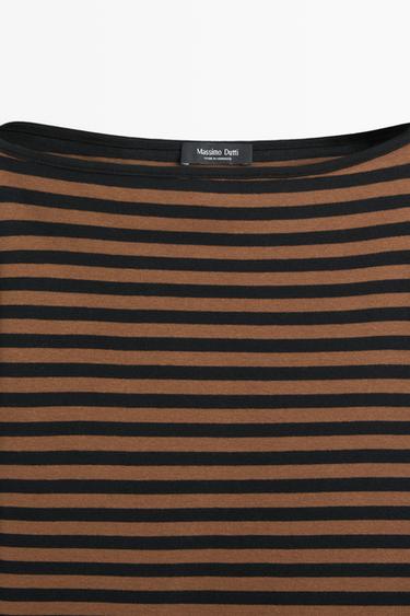 100% cotton striped boat neck T-shirt — MOLE BROWN 9