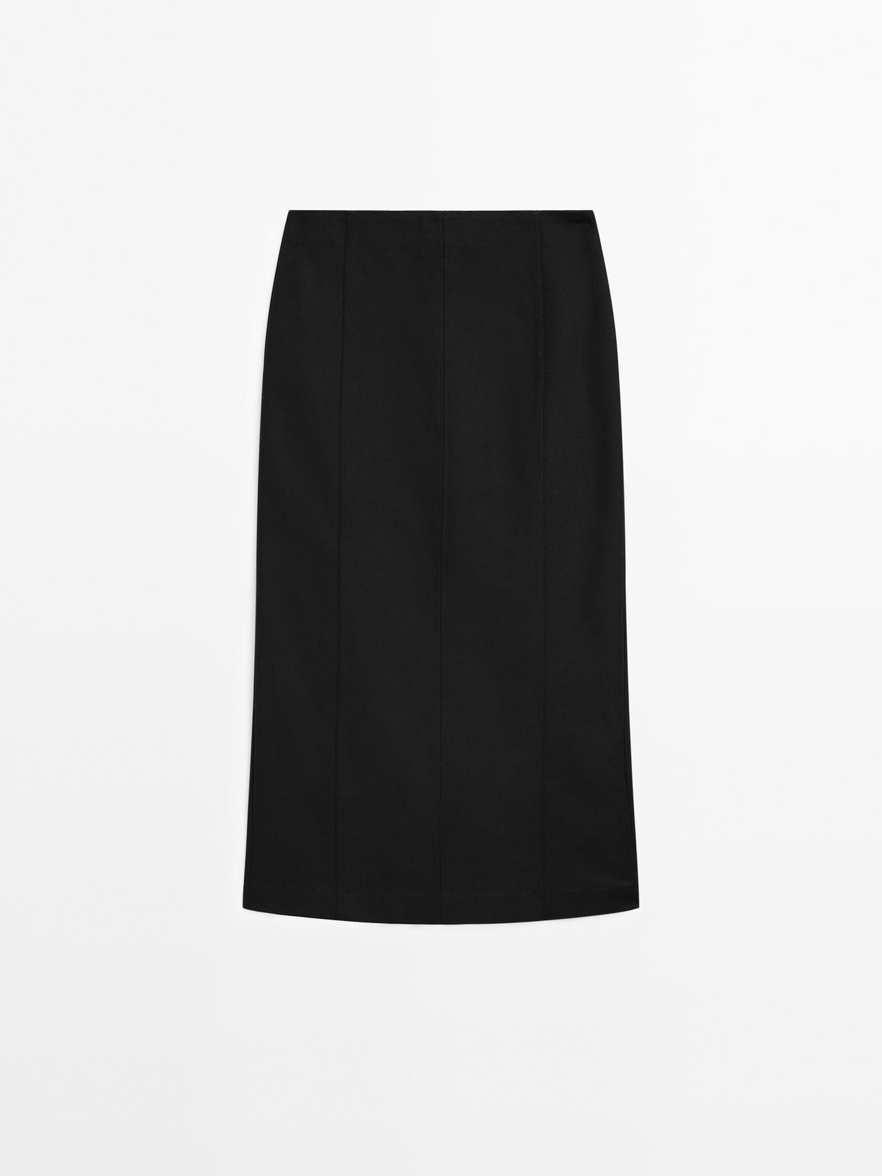 Massimo Dutti - Dame - Straight Fit Midinederdel I Bomuldsblanding - Sort - 40